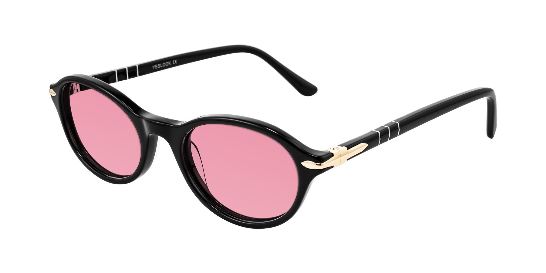 Angle of Sidriah in Black with Pink Tinted Lenses