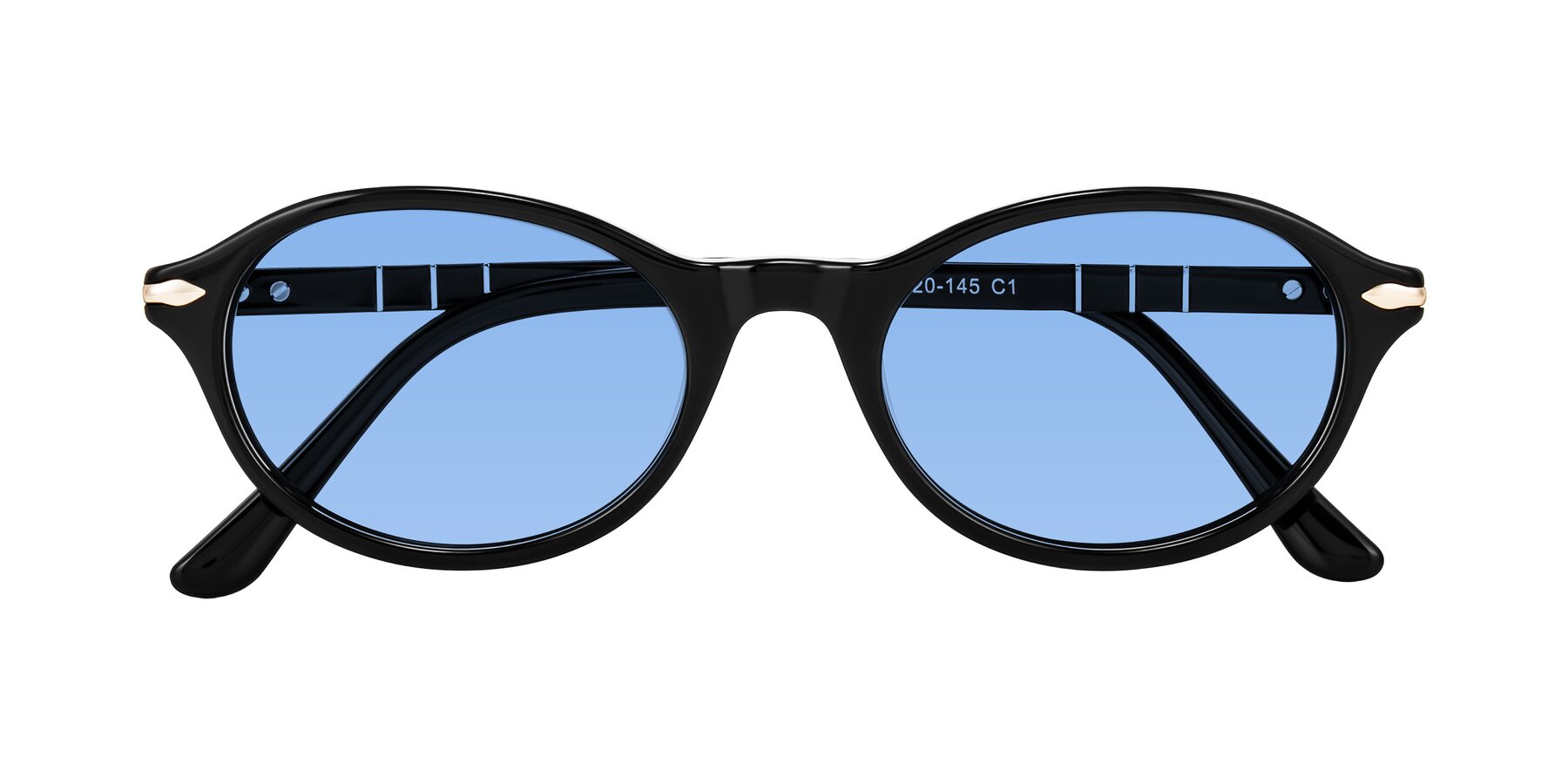 Folded Front of Sidriah in Black with Medium Blue Tinted Lenses