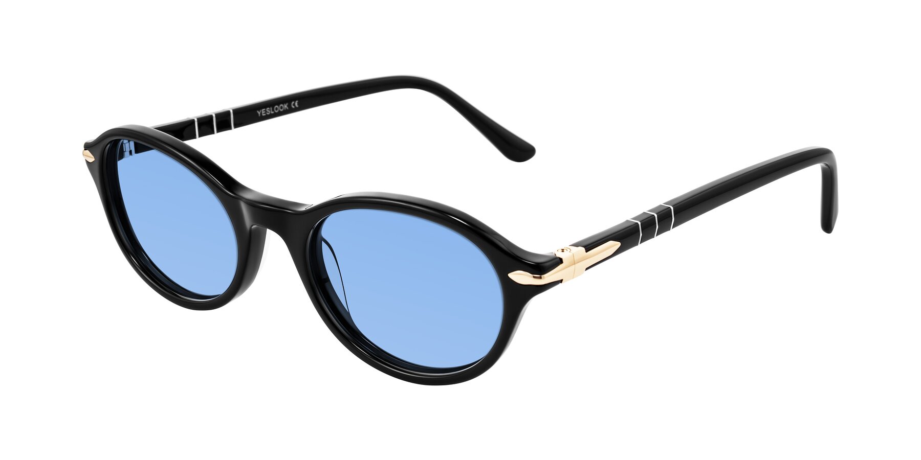 Angle of Sidriah in Black with Medium Blue Tinted Lenses