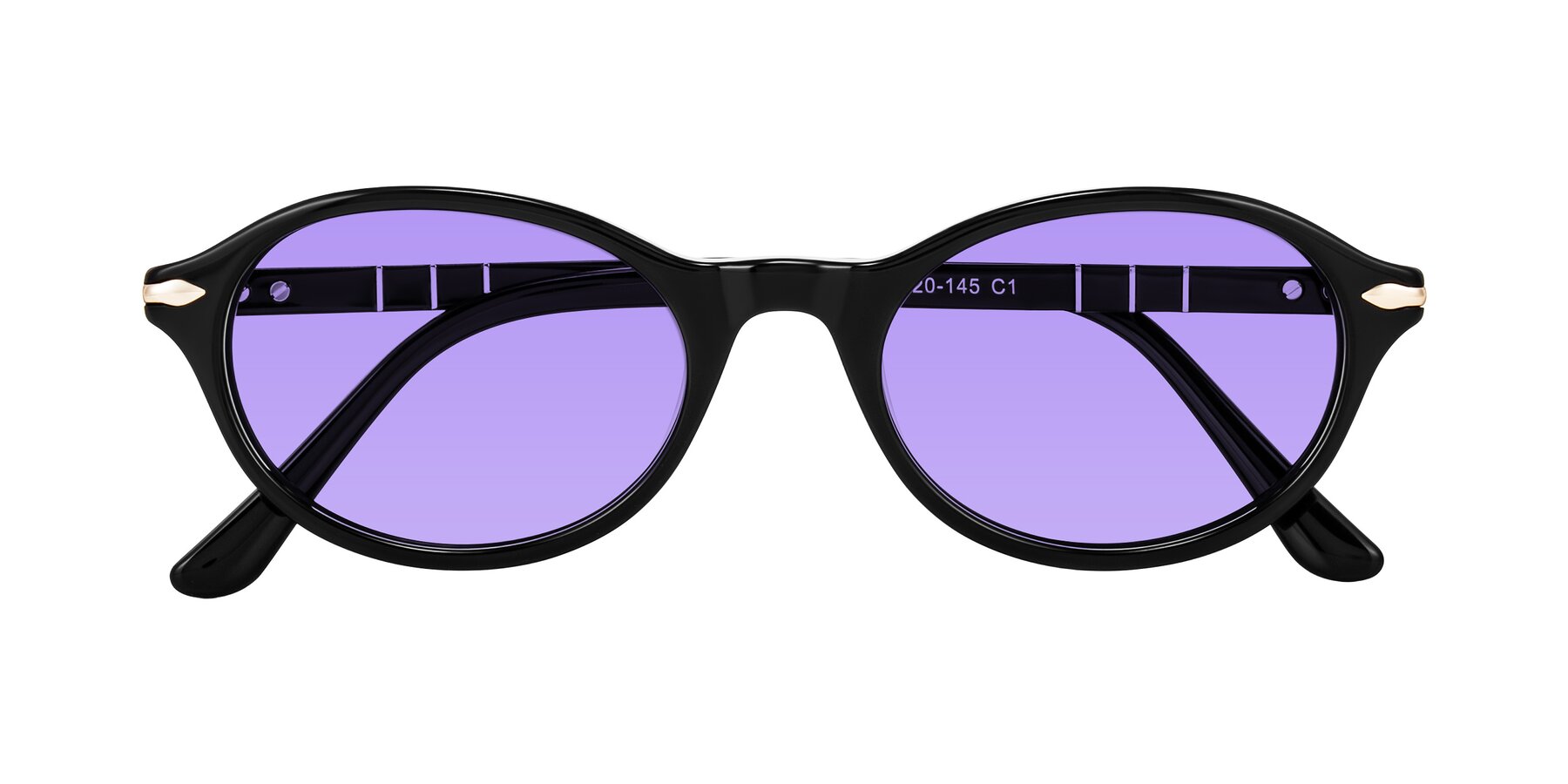 Folded Front of Sidriah in Black with Medium Purple Tinted Lenses
