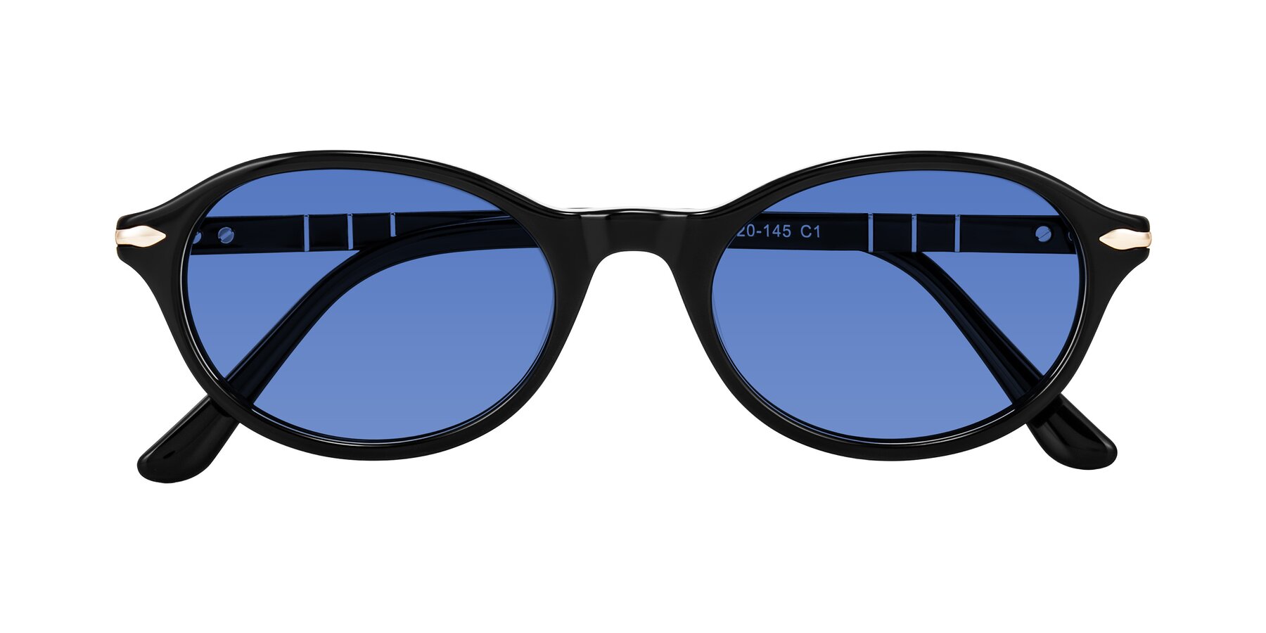 Folded Front of Sidriah in Black with Blue Tinted Lenses