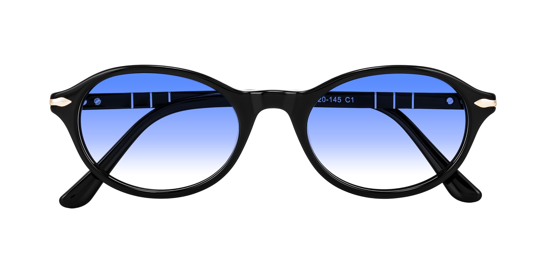 Folded Front of Sidriah in Black with Blue Gradient Lenses
