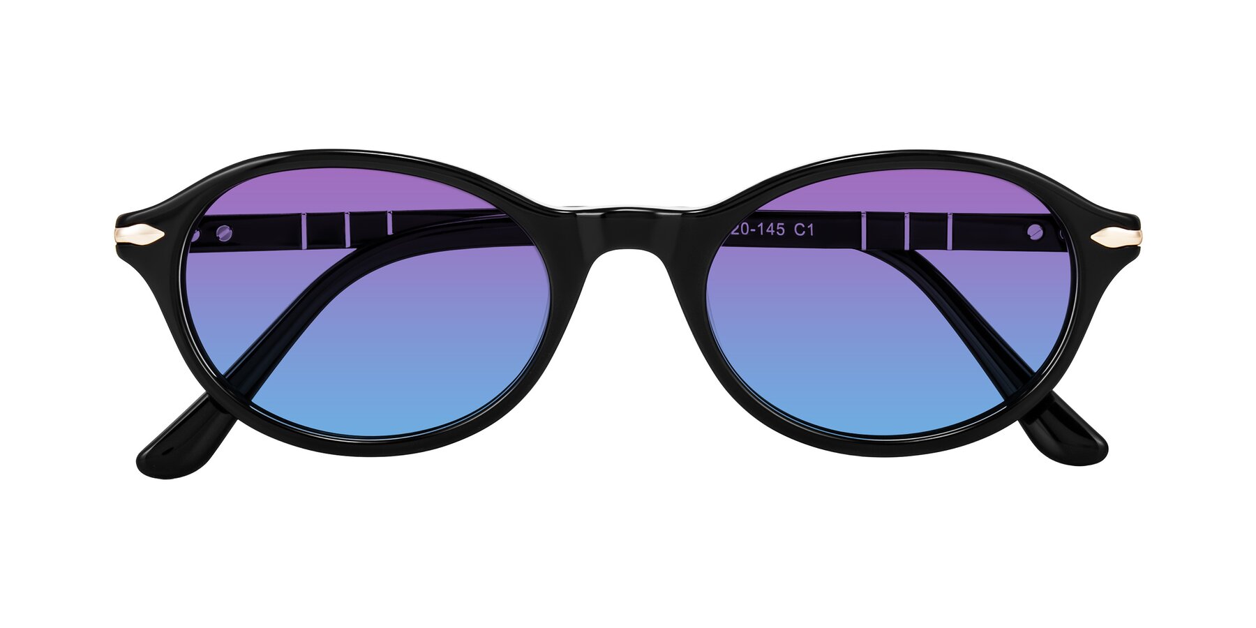 Folded Front of Sidriah in Black with Purple / Blue Gradient Lenses