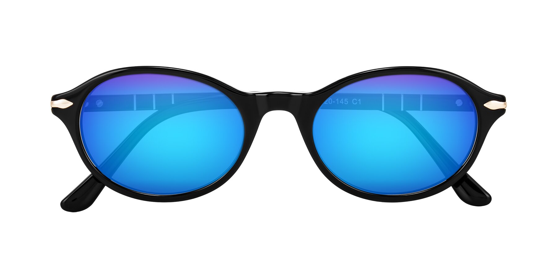 Folded Front of Sidriah in Black with Blue Mirrored Lenses