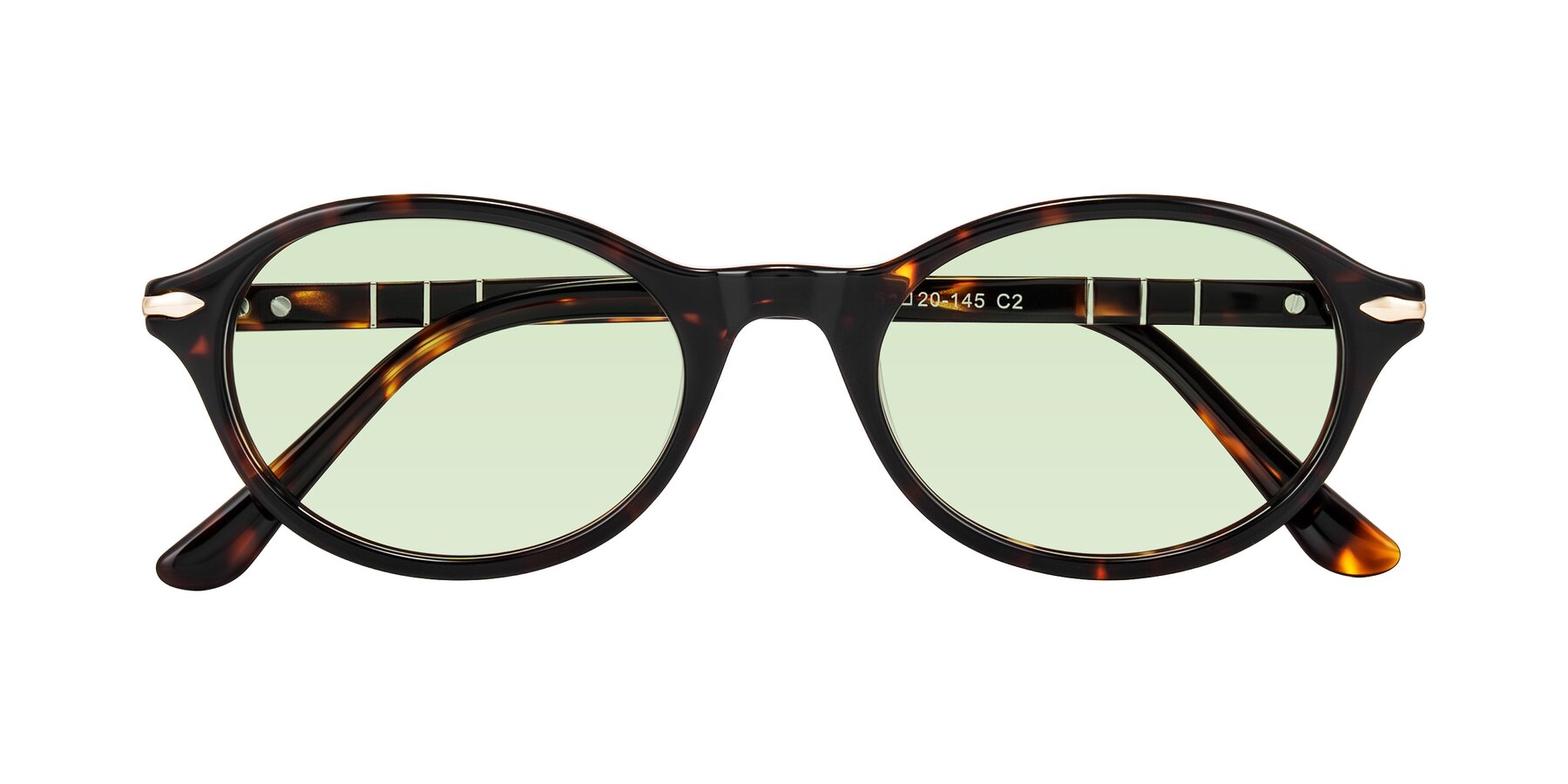 Folded Front of Sidriah in Tortoise with Light Green Tinted Lenses
