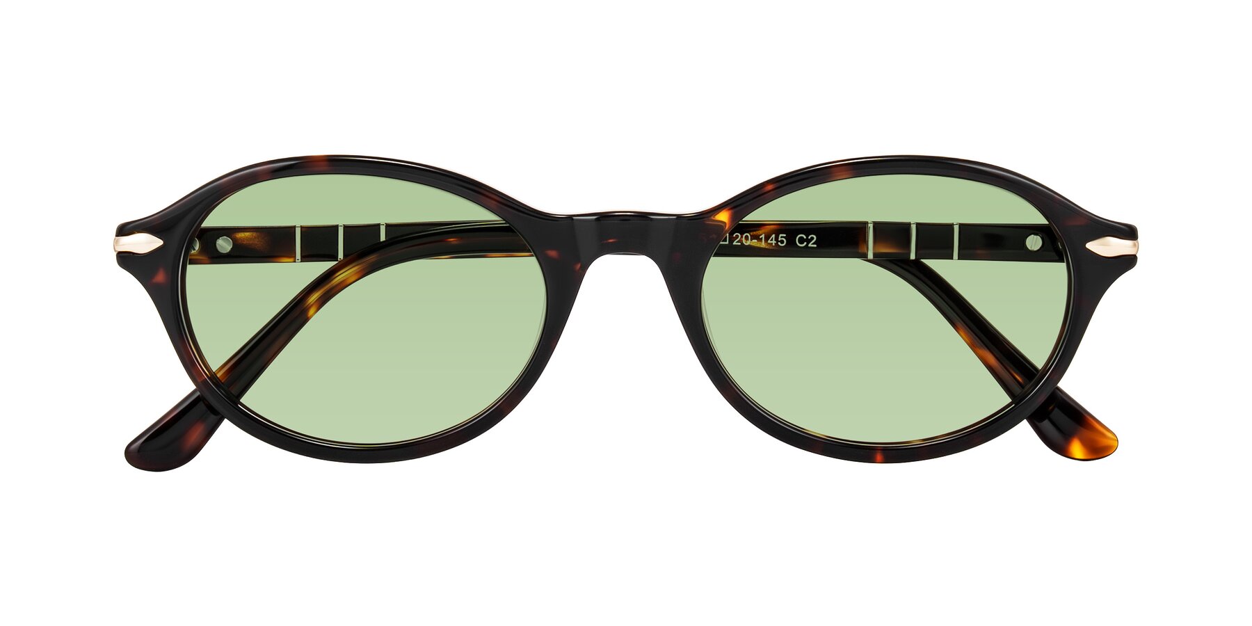 Folded Front of Sidriah in Tortoise with Medium Green Tinted Lenses