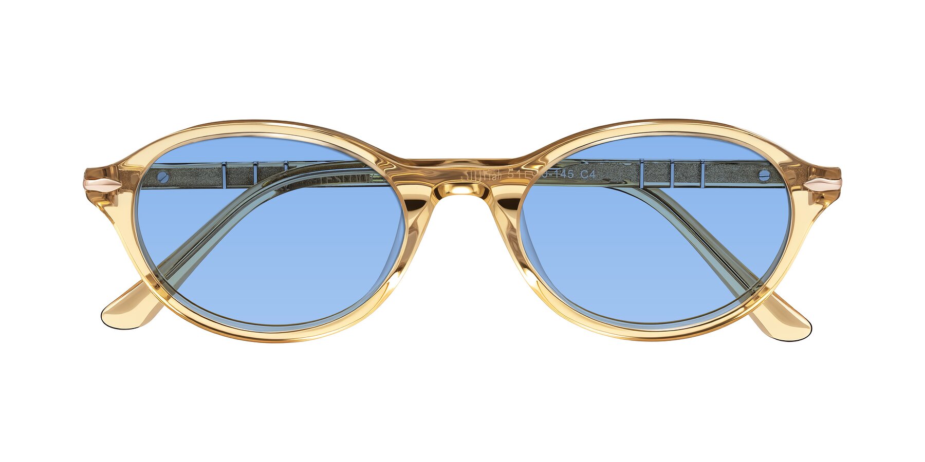 Folded Front of Sidriah in Transparent Amber with Medium Blue Tinted Lenses