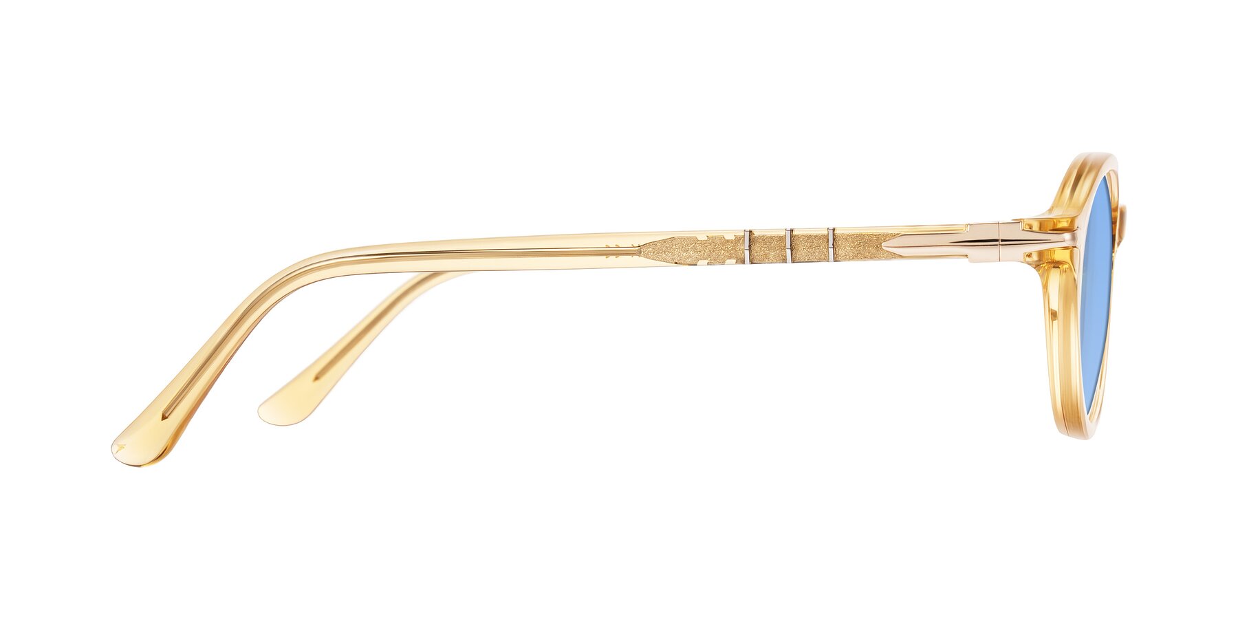 Side of Sidriah in Transparent Amber with Medium Blue Tinted Lenses