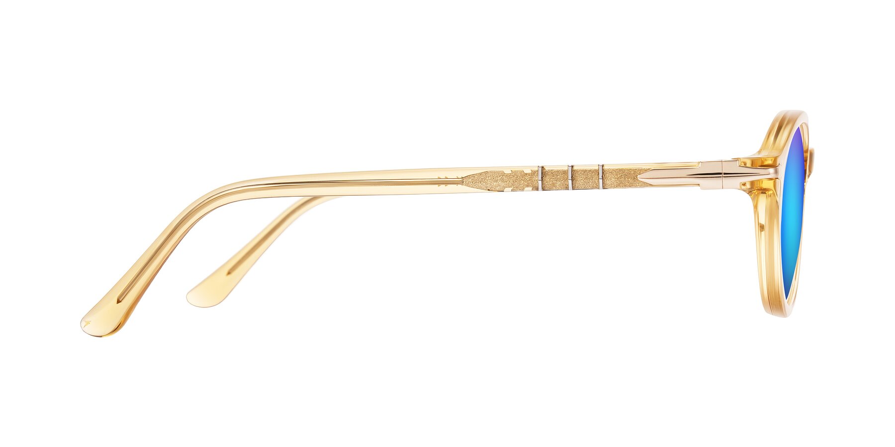 Side of Sidriah in Transparent Amber with Blue Mirrored Lenses