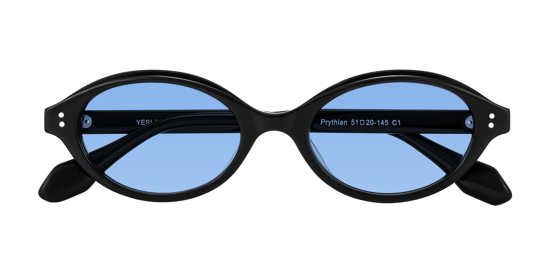 Folded Front of Prythian in Black with Medium Blue Tinted Lenses