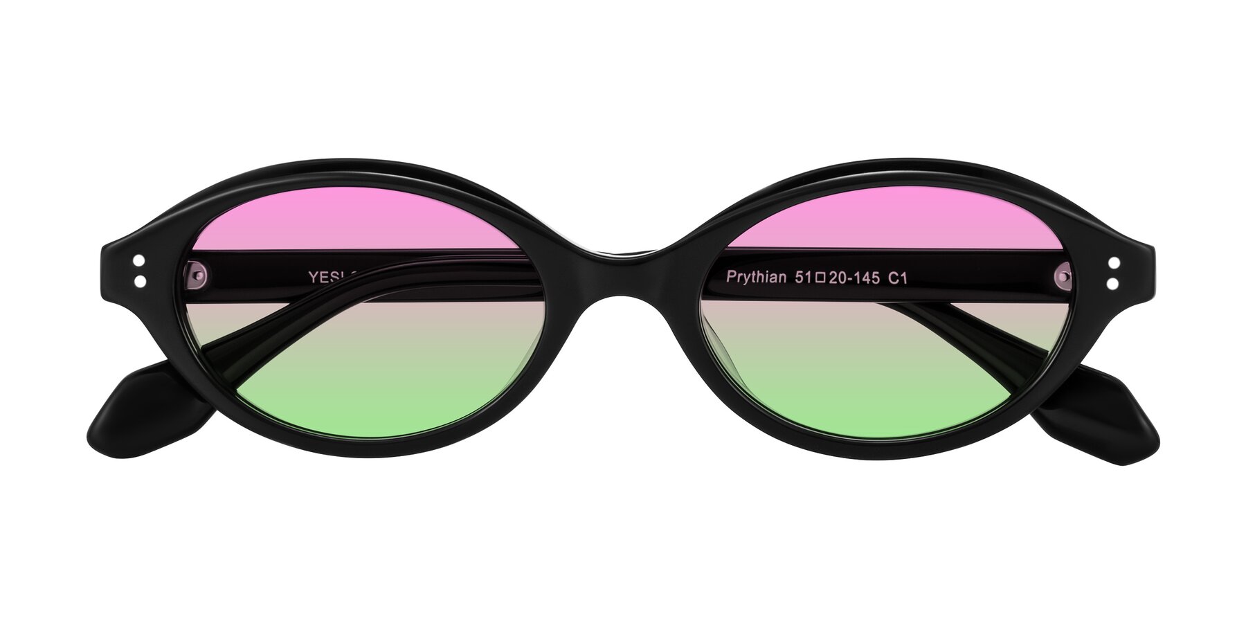 Folded Front of Prythian in Black with Pink / Green Gradient Lenses