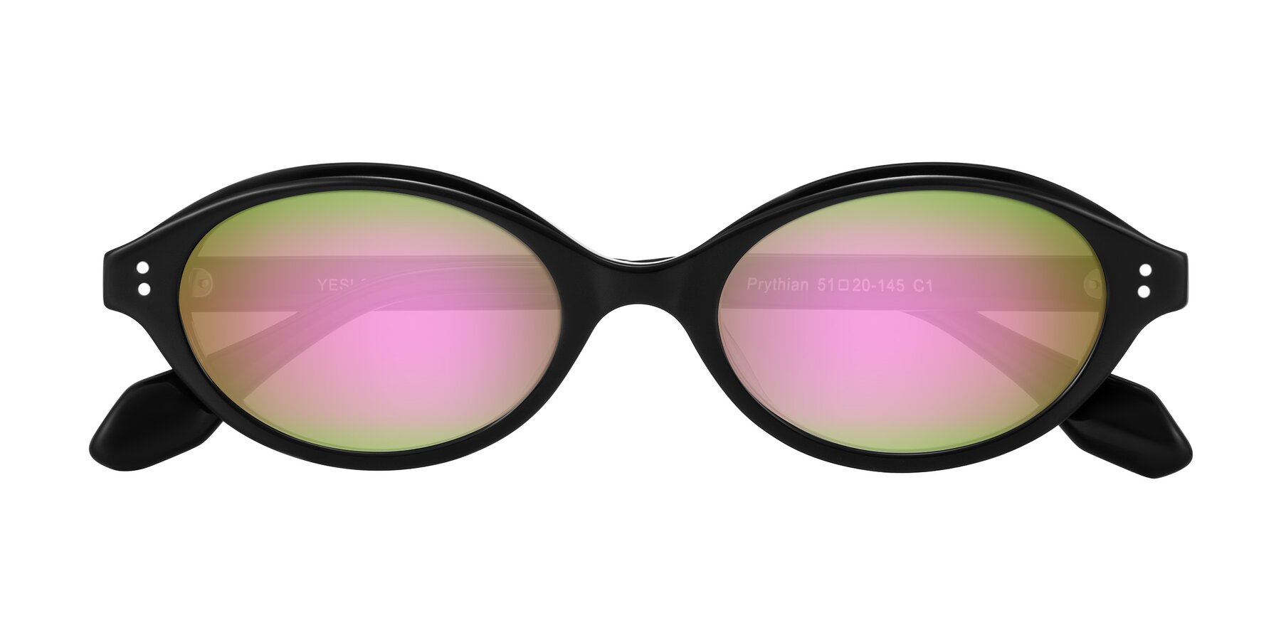 Folded Front of Prythian in Black with Pink Mirrored Lenses