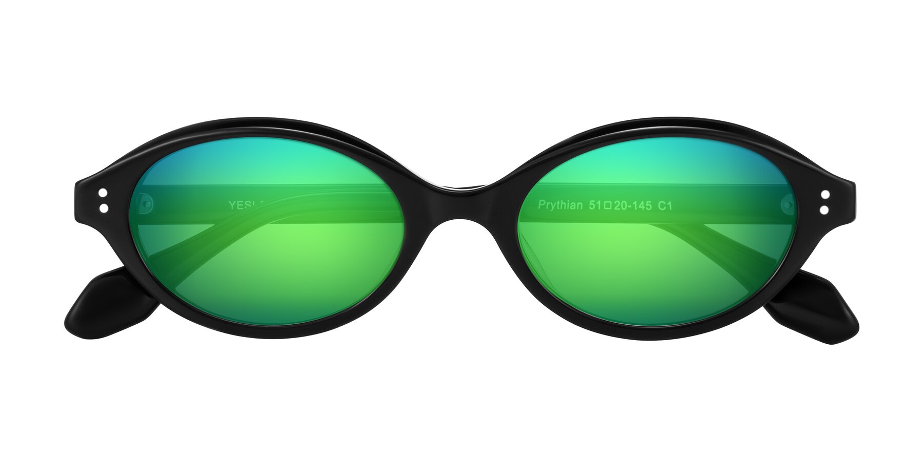 Folded Front of Prythian in Black with Green Mirrored Lenses
