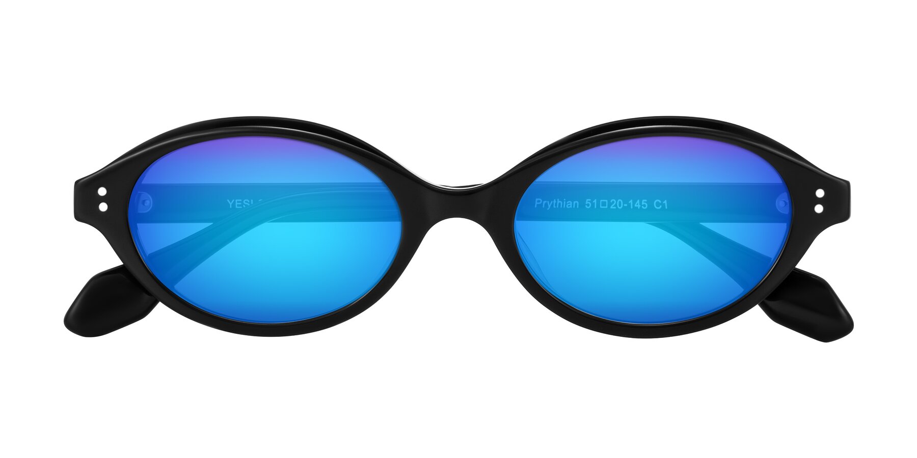 Folded Front of Prythian in Black with Blue Mirrored Lenses