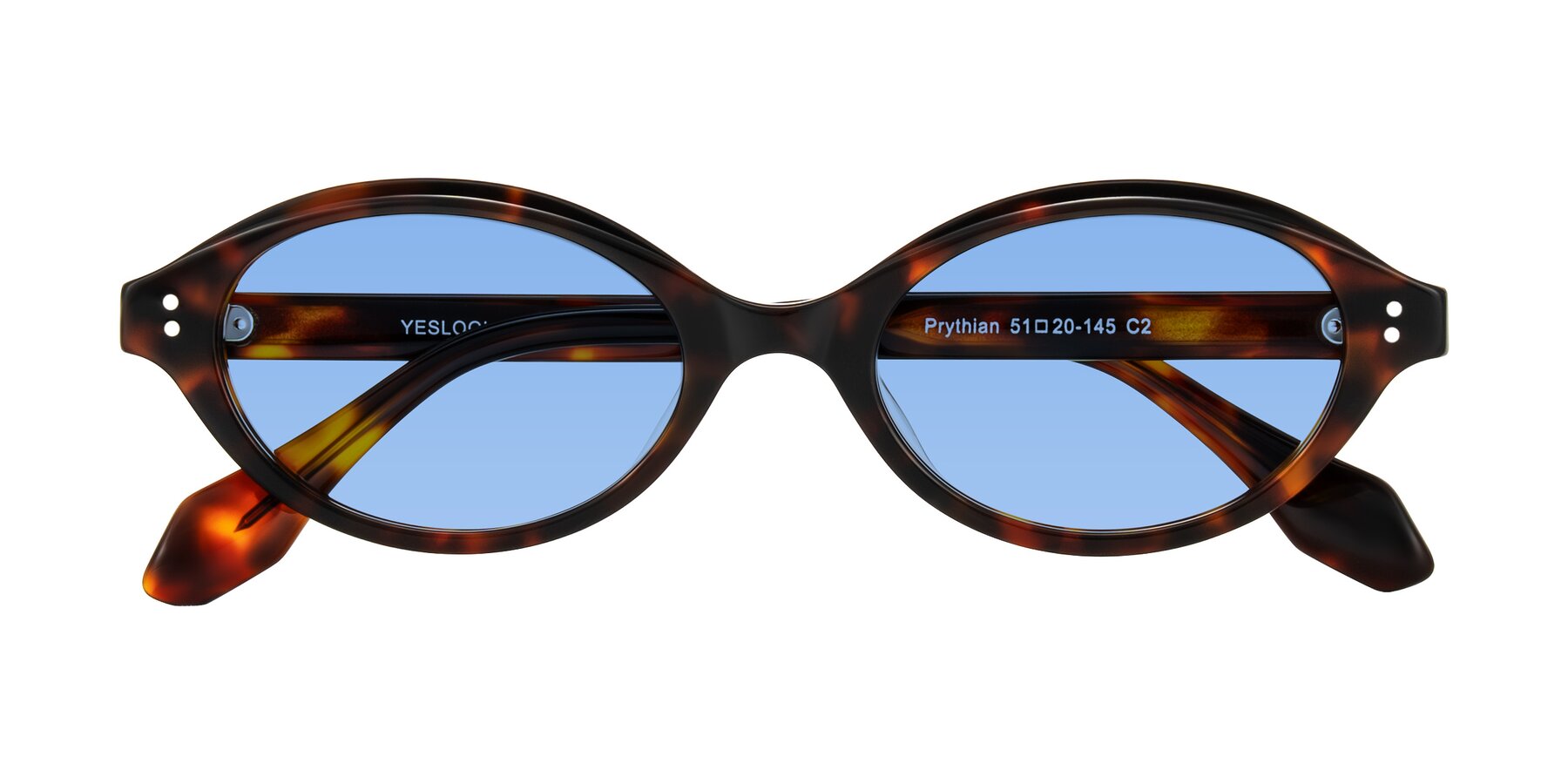 Folded Front of Prythian in Tortoise with Medium Blue Tinted Lenses