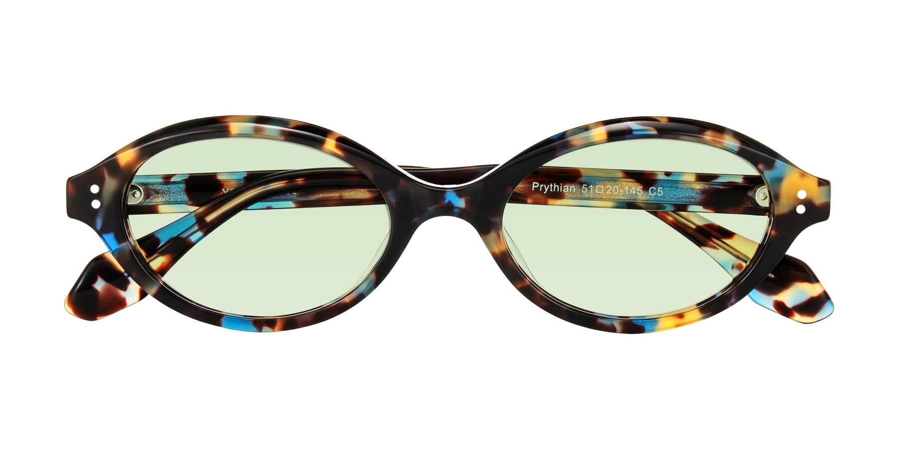 Folded Front of Prythian in Floral Tortoise with Light Green Tinted Lenses