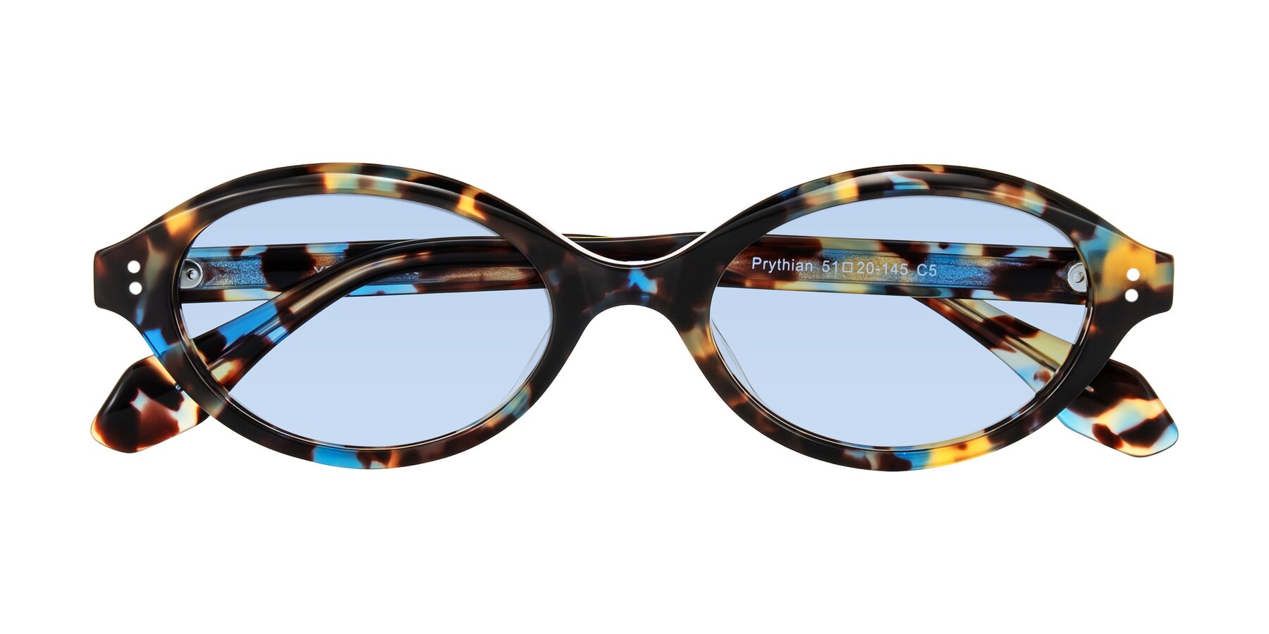 Folded Front of Prythian in Floral Tortoise with Light Blue Tinted Lenses