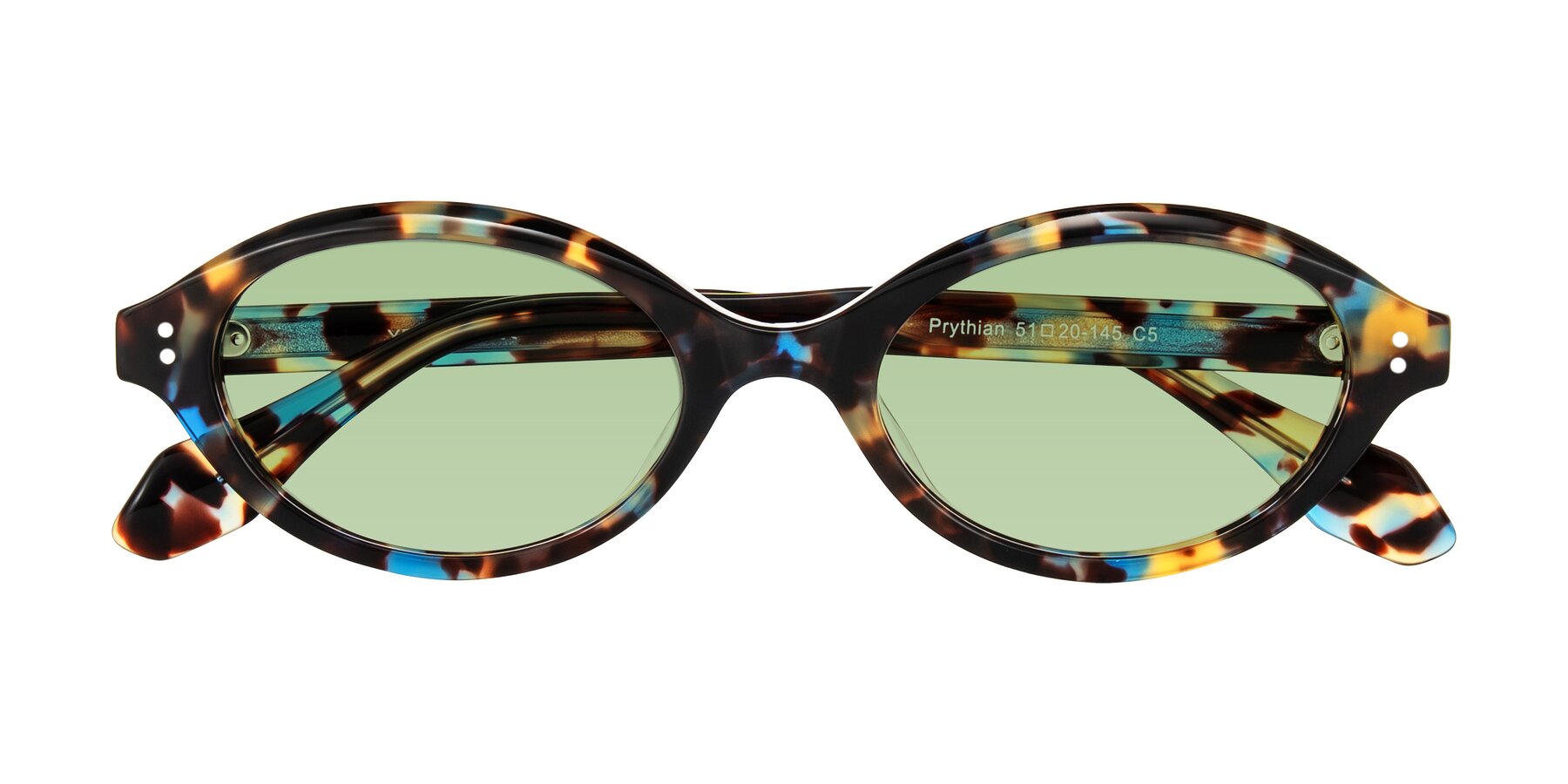 Folded Front of Prythian in Floral Tortoise with Medium Green Tinted Lenses
