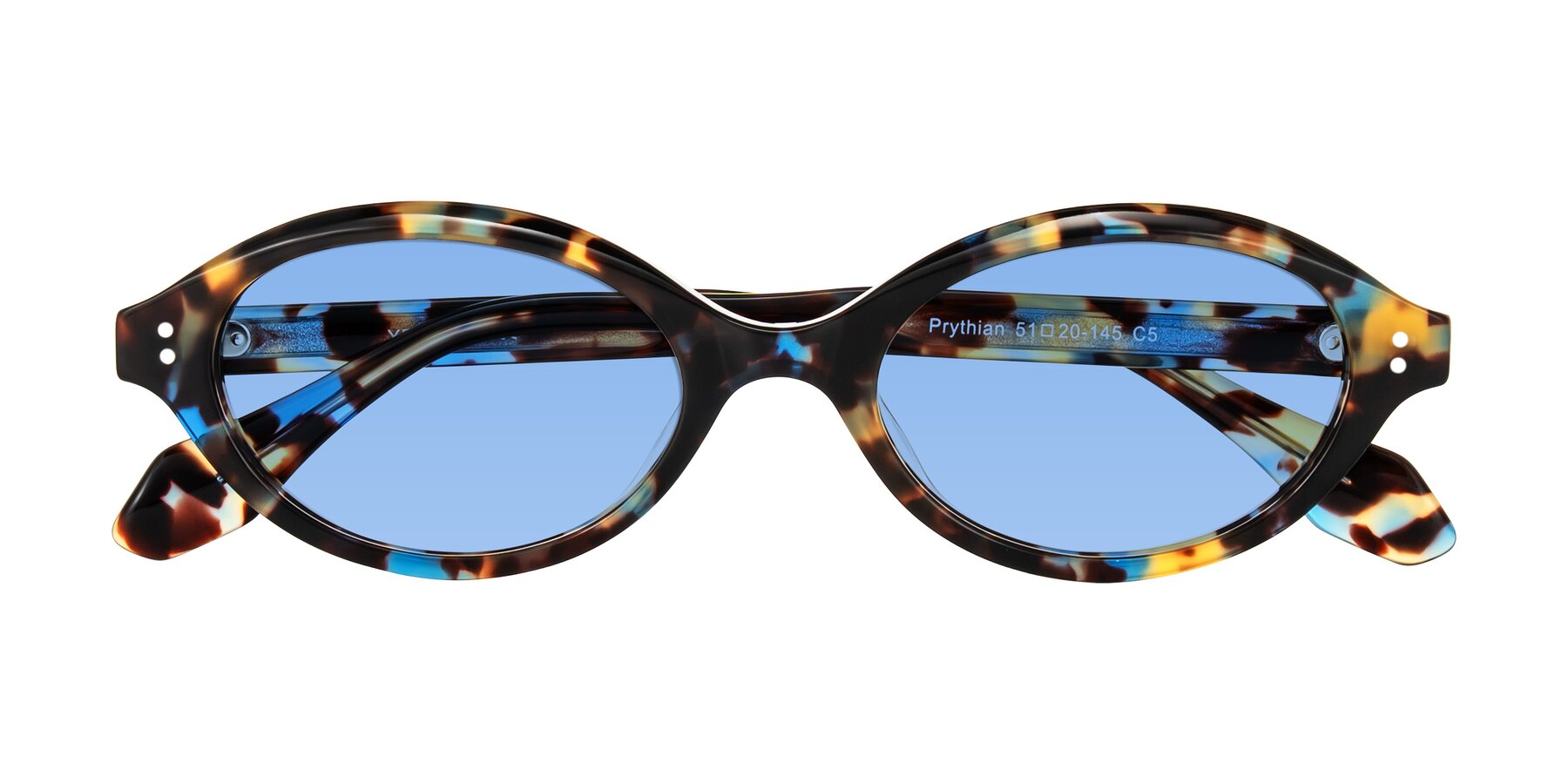 Folded Front of Prythian in Floral Tortoise with Medium Blue Tinted Lenses