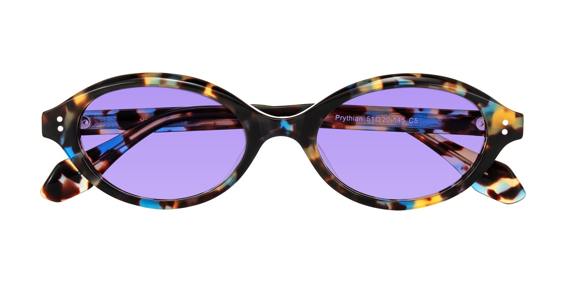 Folded Front of Prythian in Floral Tortoise with Medium Purple Tinted Lenses