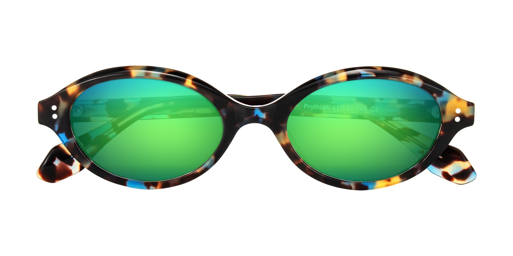 Folded Front of Prythian in Floral Tortoise with Green Mirrored Lenses