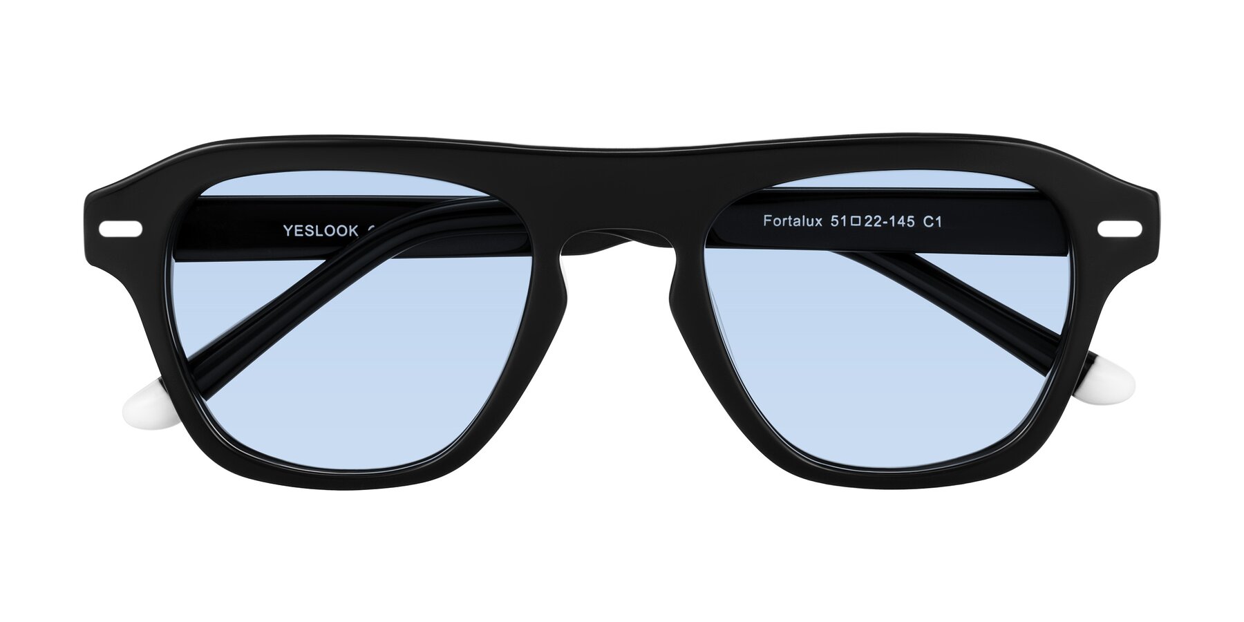Folded Front of Fortalux in Black with Light Blue Tinted Lenses