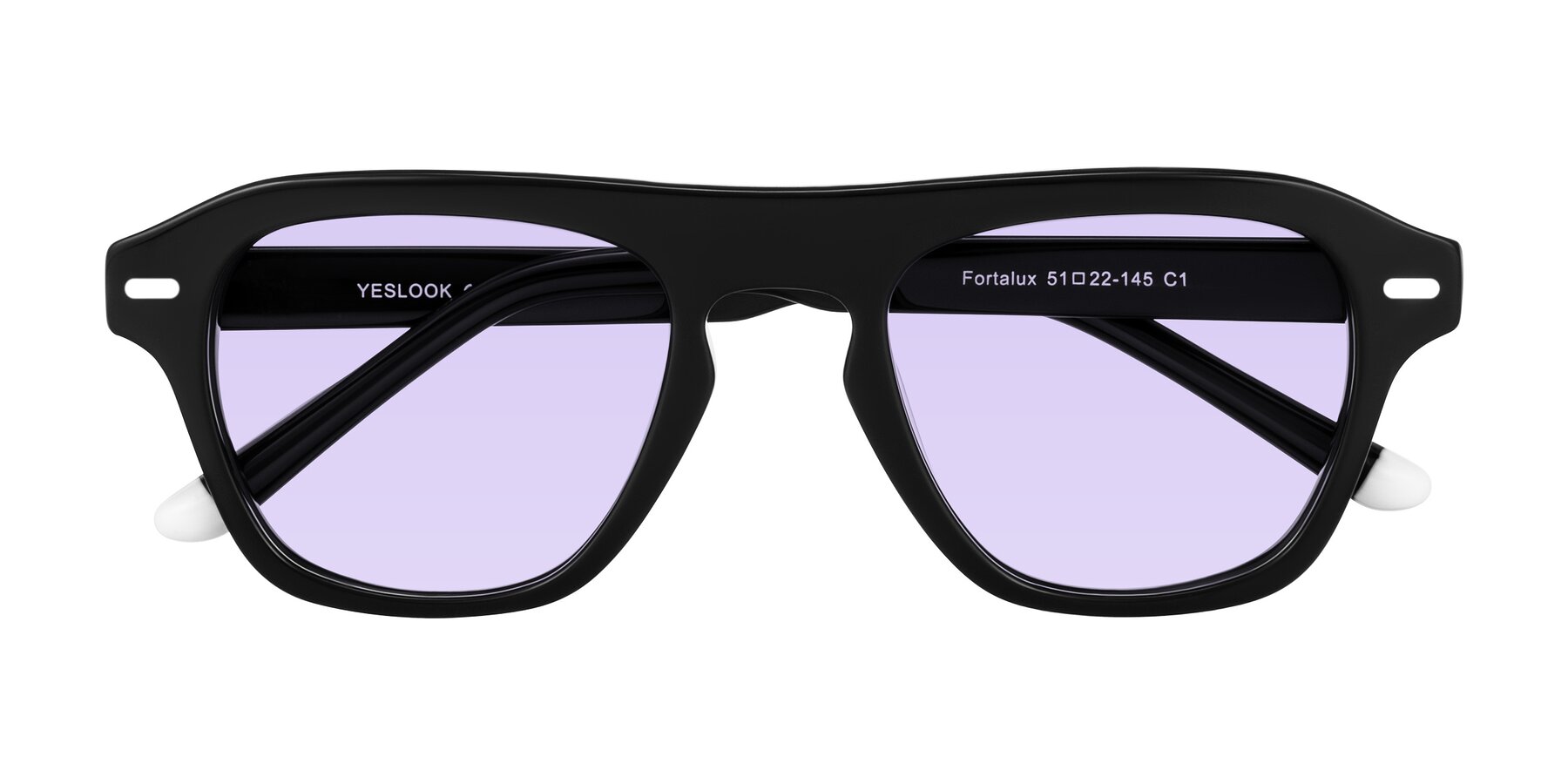 Folded Front of Fortalux in Black with Light Purple Tinted Lenses