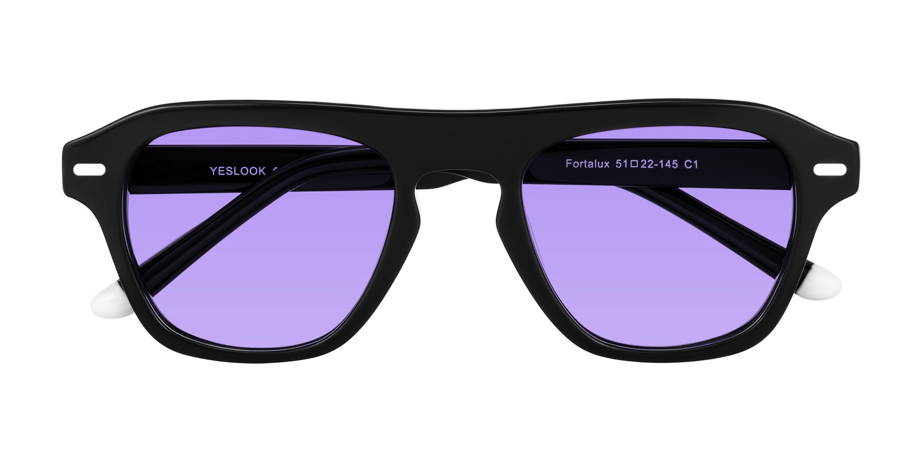 Folded Front of Fortalux in Black with Medium Purple Tinted Lenses