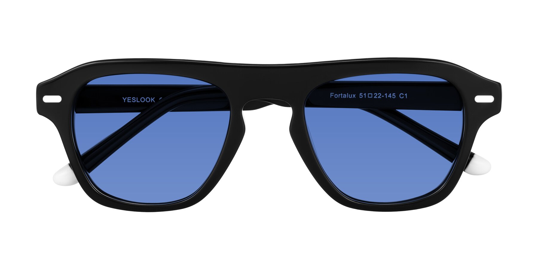 Folded Front of Fortalux in Black with Blue Tinted Lenses