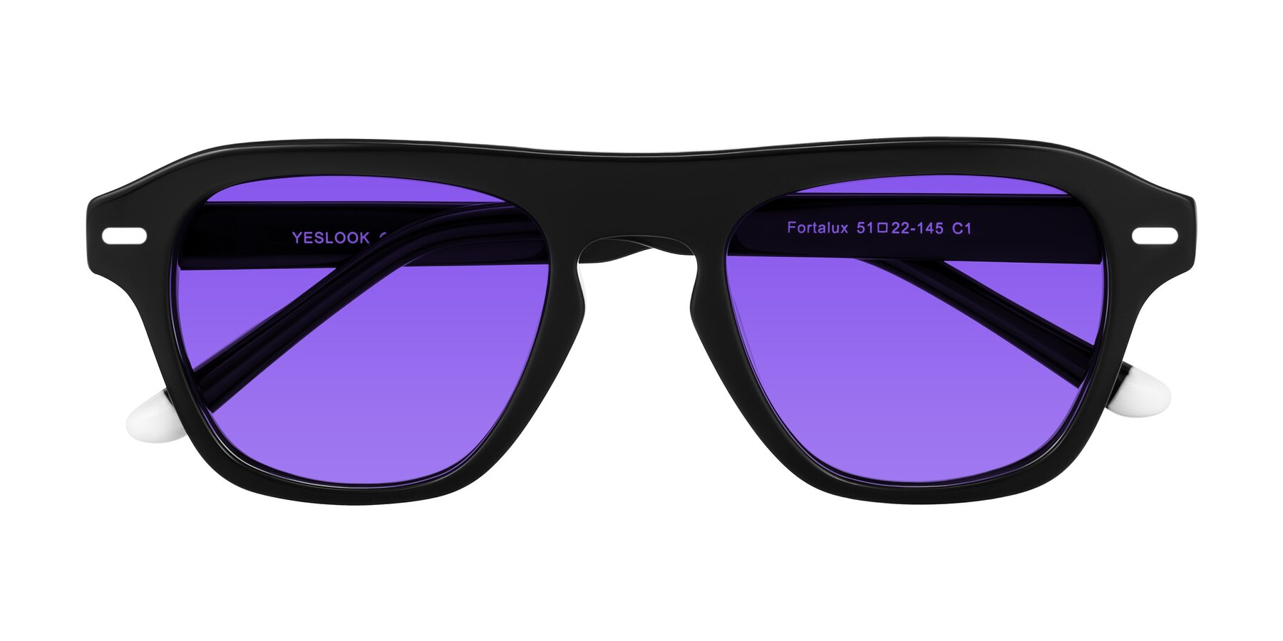Folded Front of Fortalux in Black with Purple Tinted Lenses