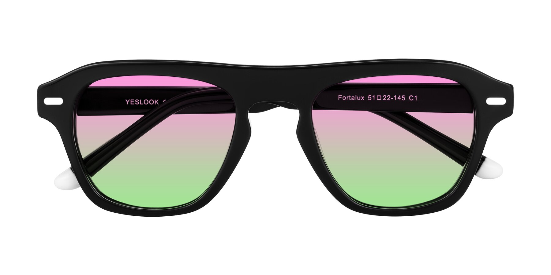 Folded Front of Fortalux in Black with Pink / Green Gradient Lenses