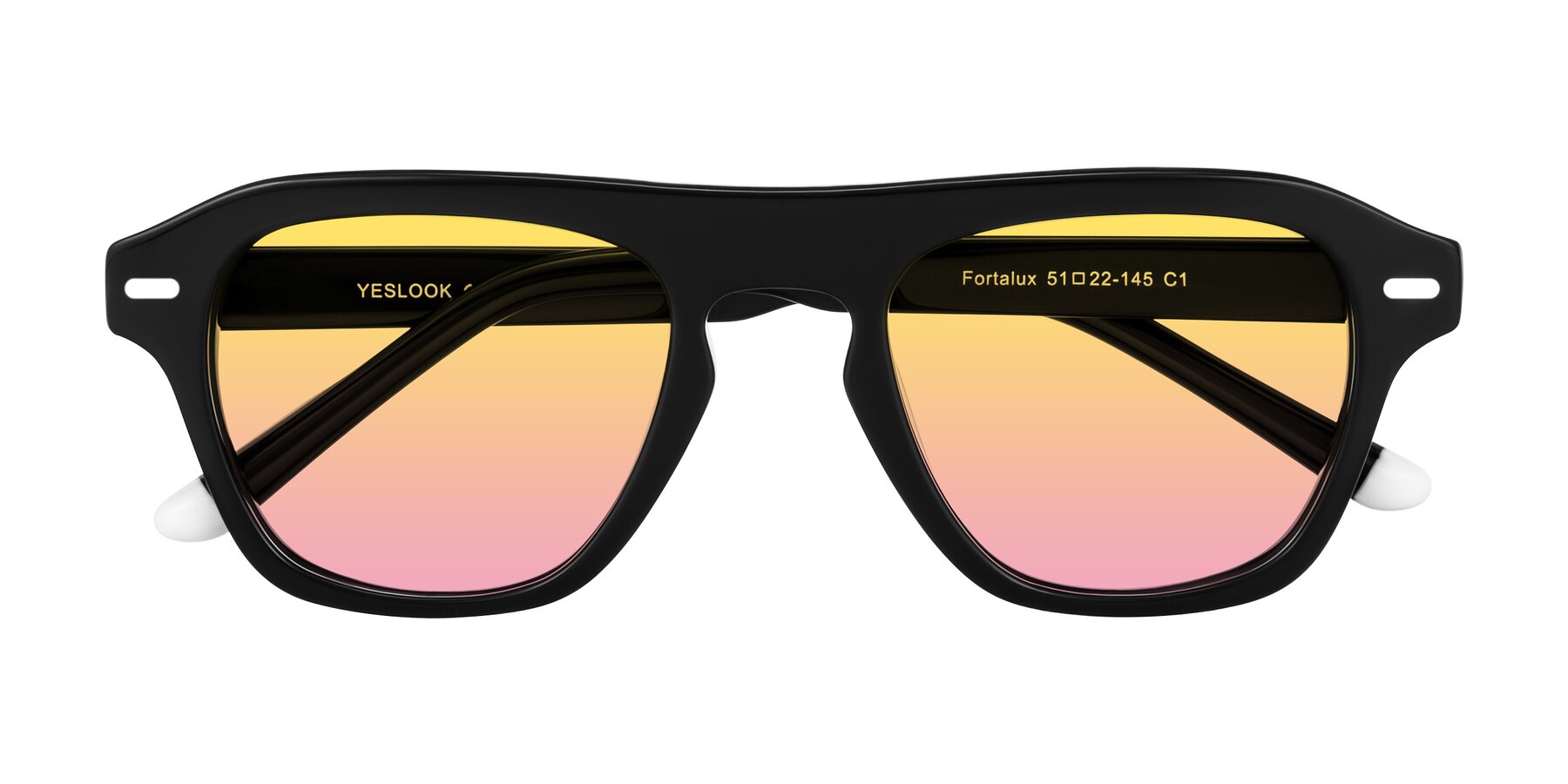 Black Keyhole Bridge Grandpa Flat-Top Gradient Sunglasses with Yellow / Pink Sunwear Lenses - Fortalux