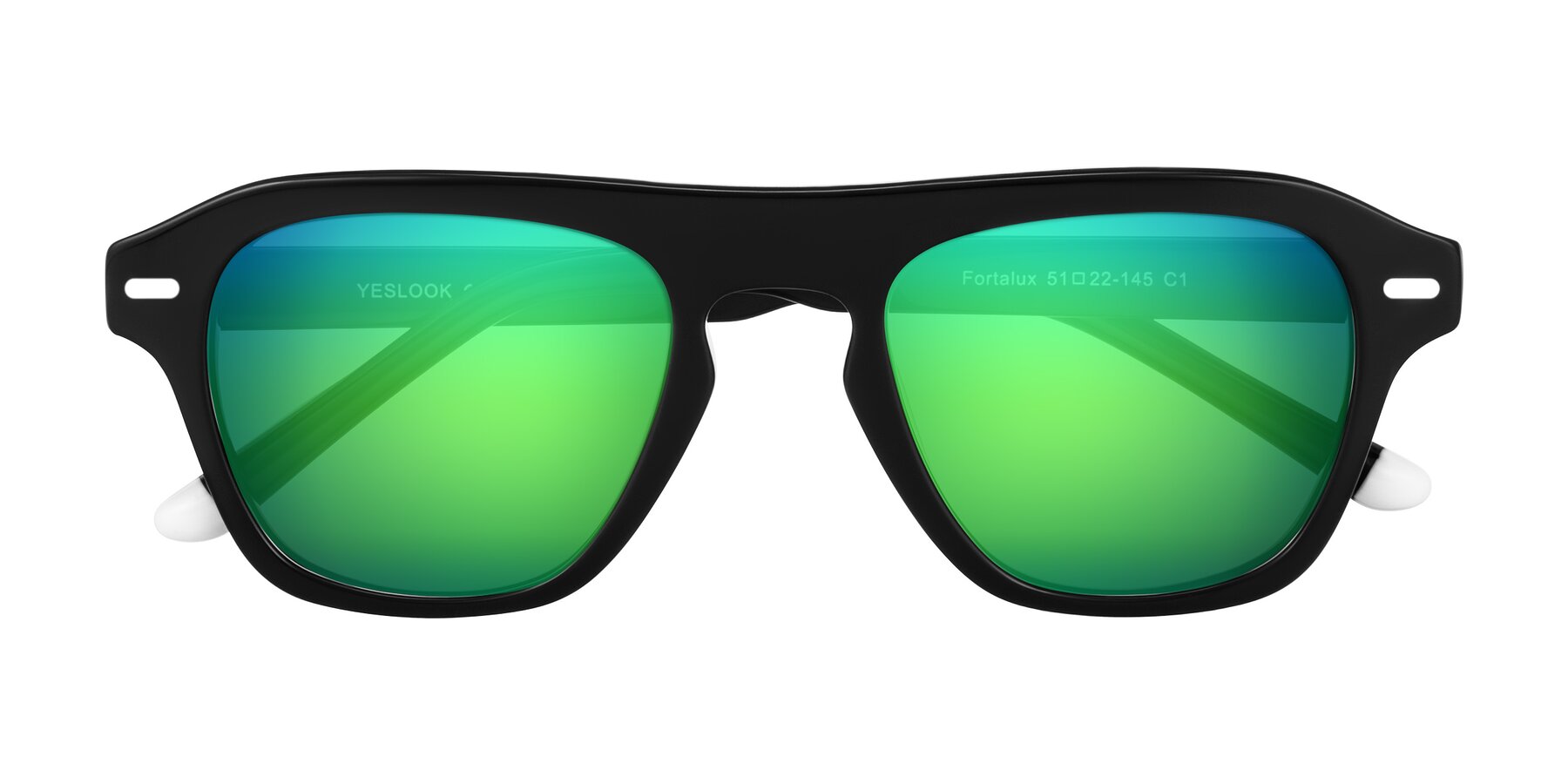 Black Keyhole Bridge Grandpa Flat-Top Mirrored Sunglasses with Green Sunwear Lenses - Fortalux