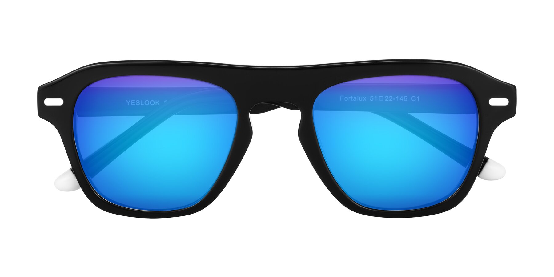 Folded Front of Fortalux in Black with Blue Mirrored Lenses