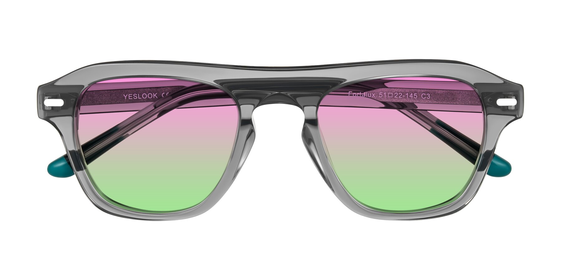 Folded Front of Fortalux in Gray with Pink / Green Gradient Lenses