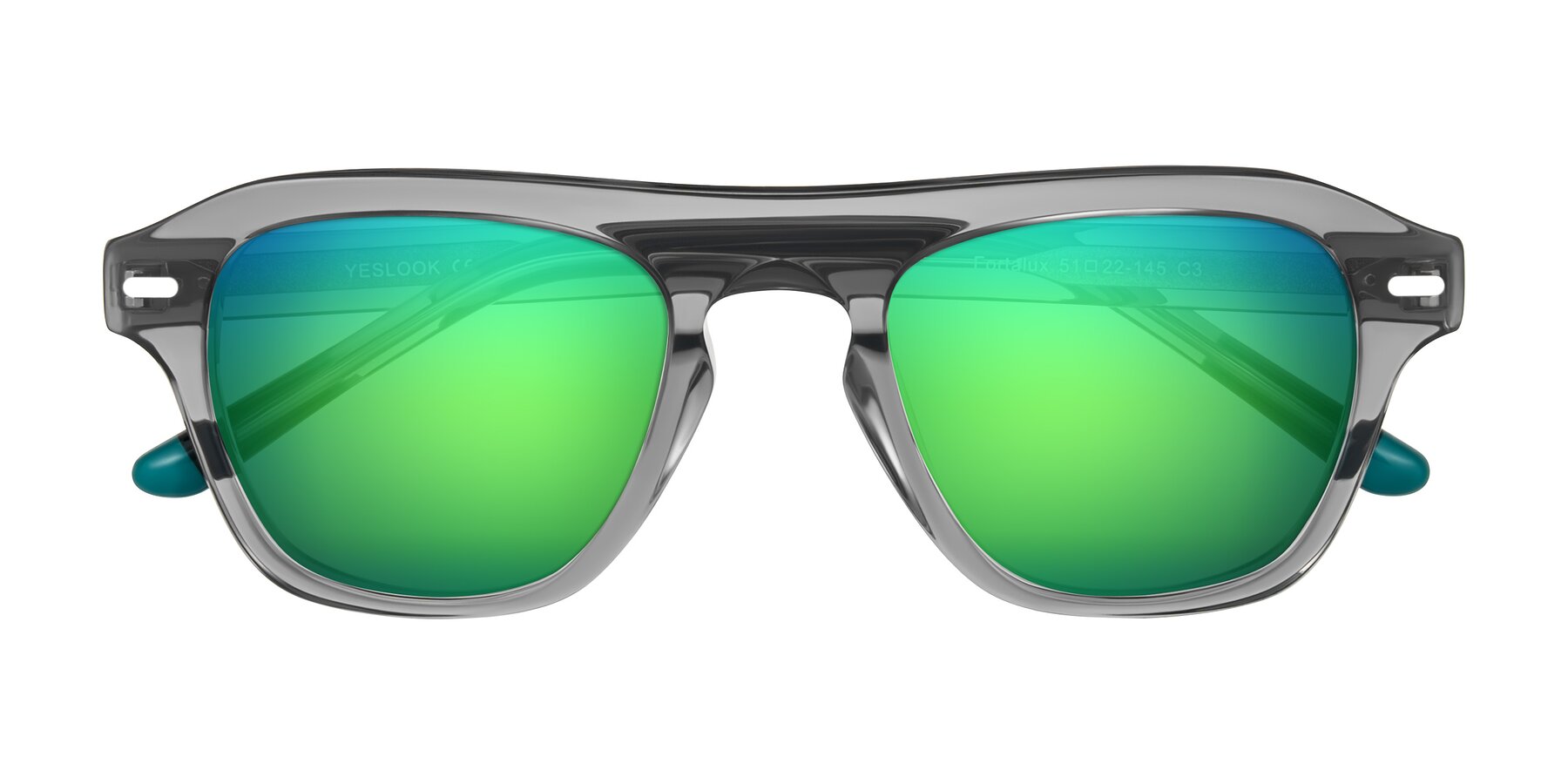 Folded Front of Fortalux in Gray with Green Mirrored Lenses