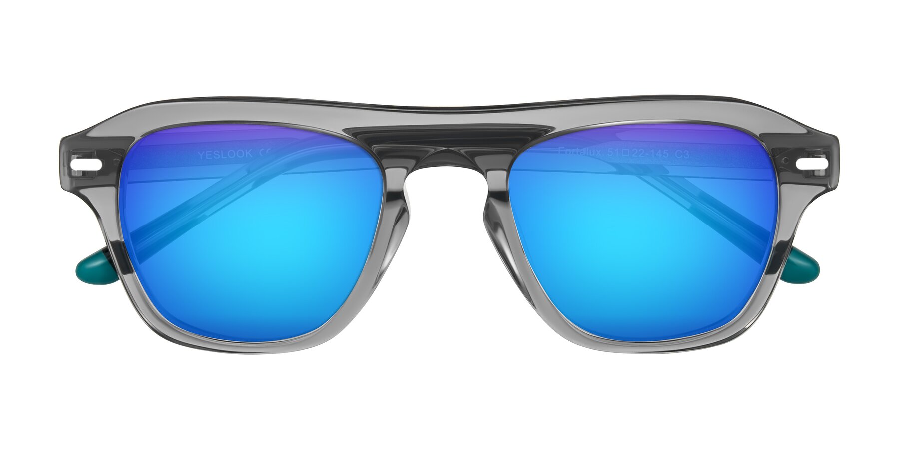 Folded Front of Fortalux in Gray with Blue Mirrored Lenses