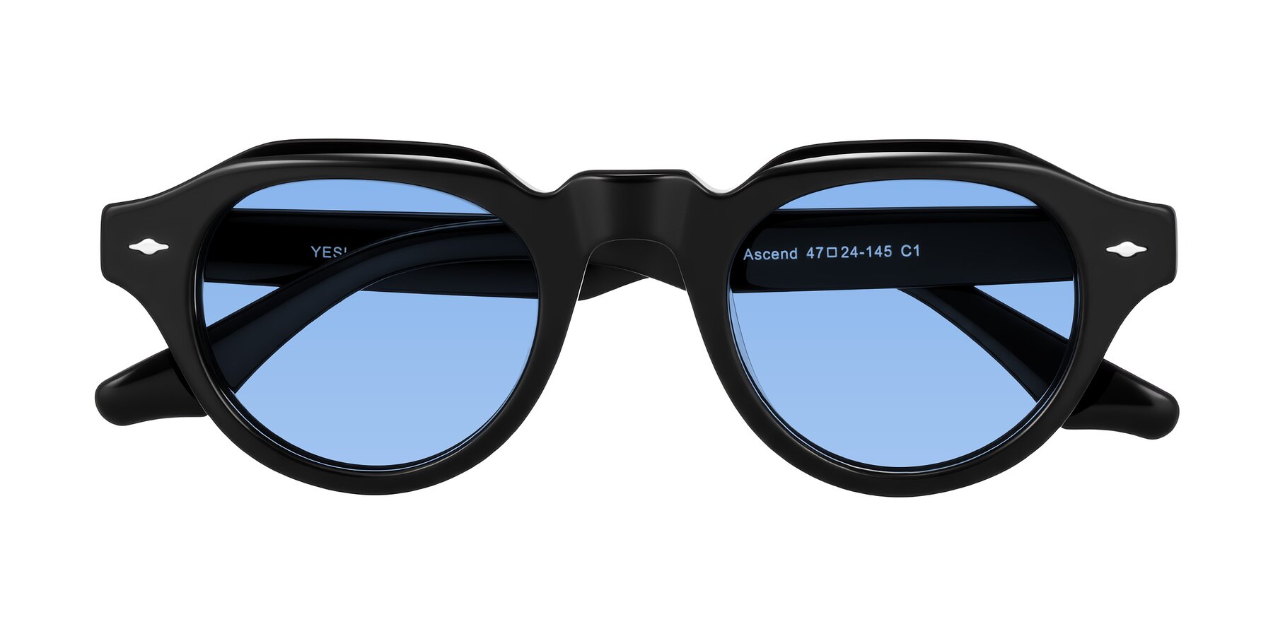 Folded Front of Ascend in Black with Medium Blue Tinted Lenses