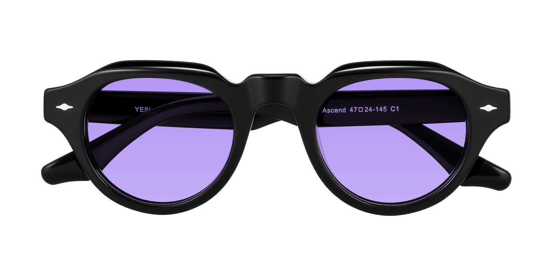 Folded Front of Ascend in Black with Medium Purple Tinted Lenses