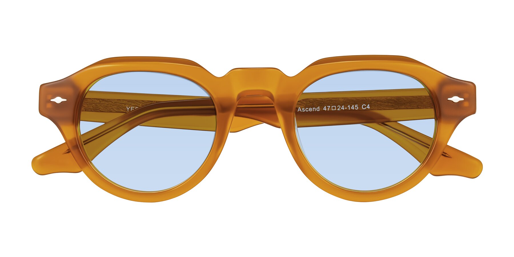 Folded Front of Ascend in Caramel with Light Blue Tinted Lenses