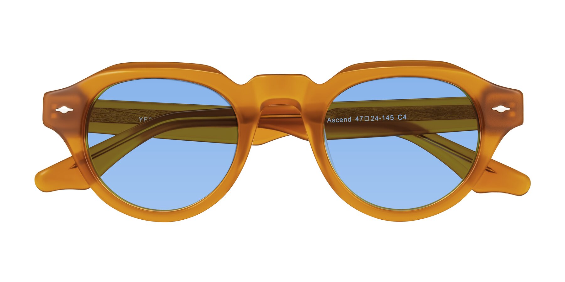 Folded Front of Ascend in Caramel with Medium Blue Tinted Lenses