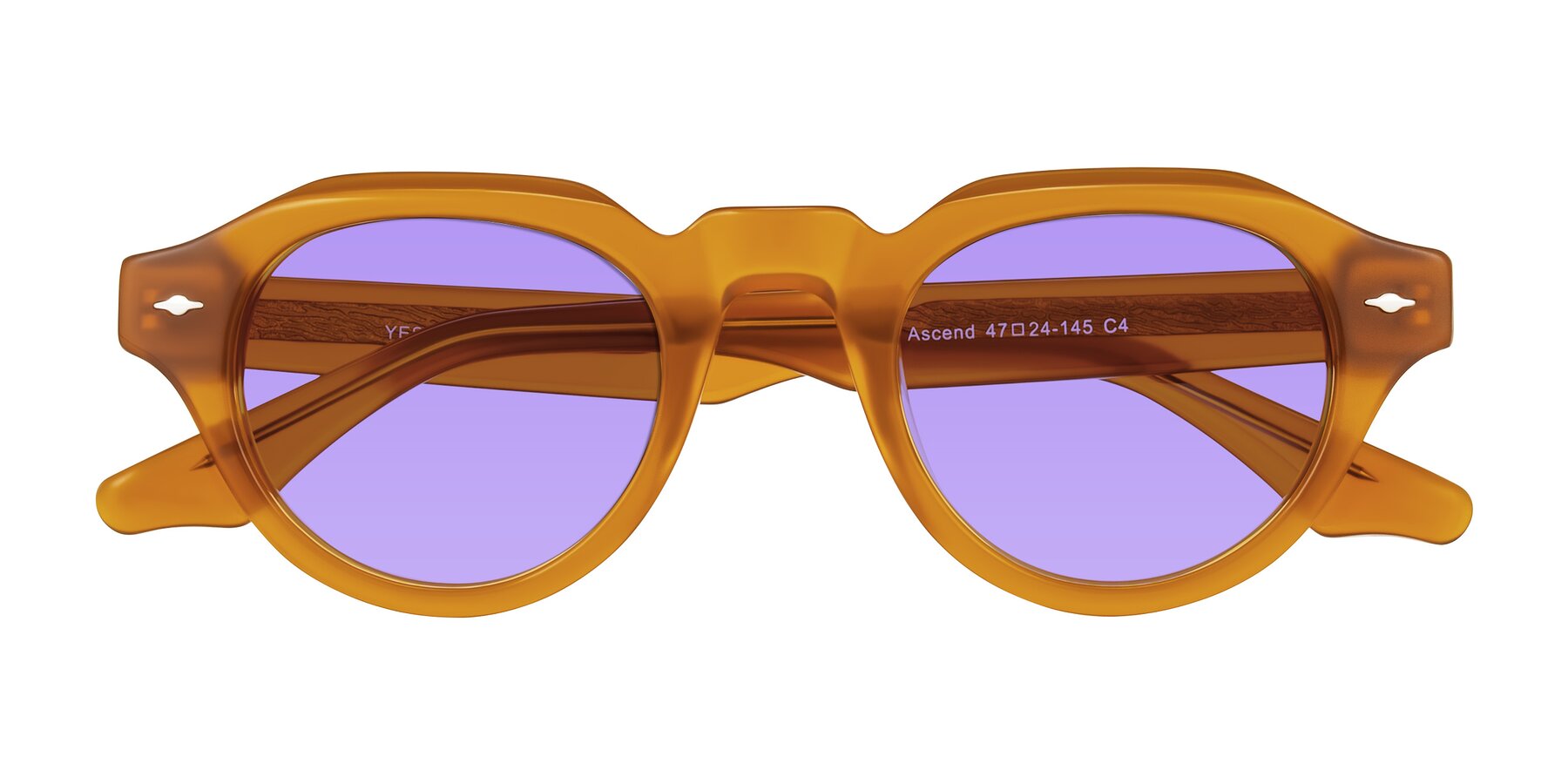 Folded Front of Ascend in Caramel with Medium Purple Tinted Lenses