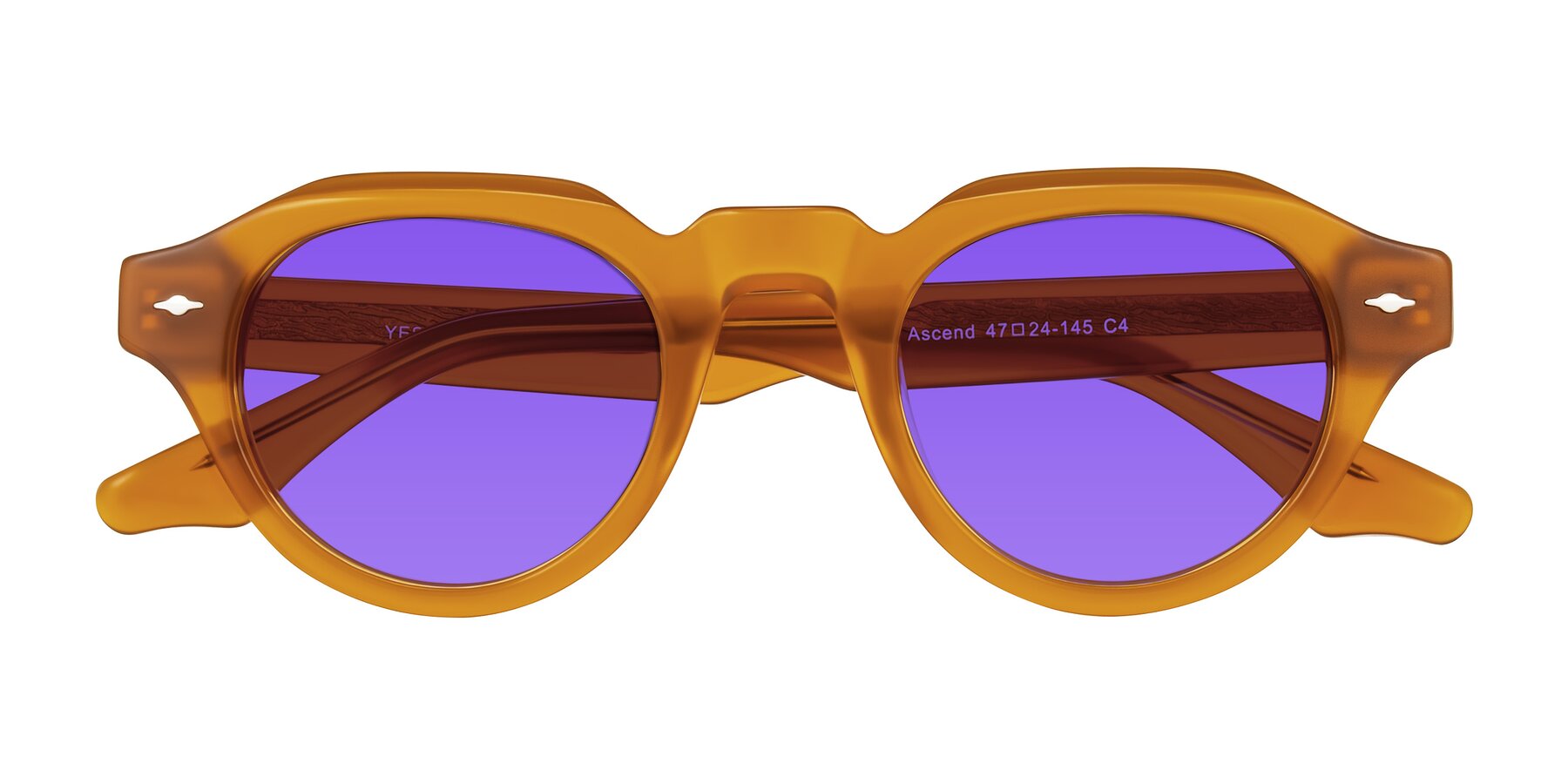 Folded Front of Ascend in Caramel with Purple Tinted Lenses