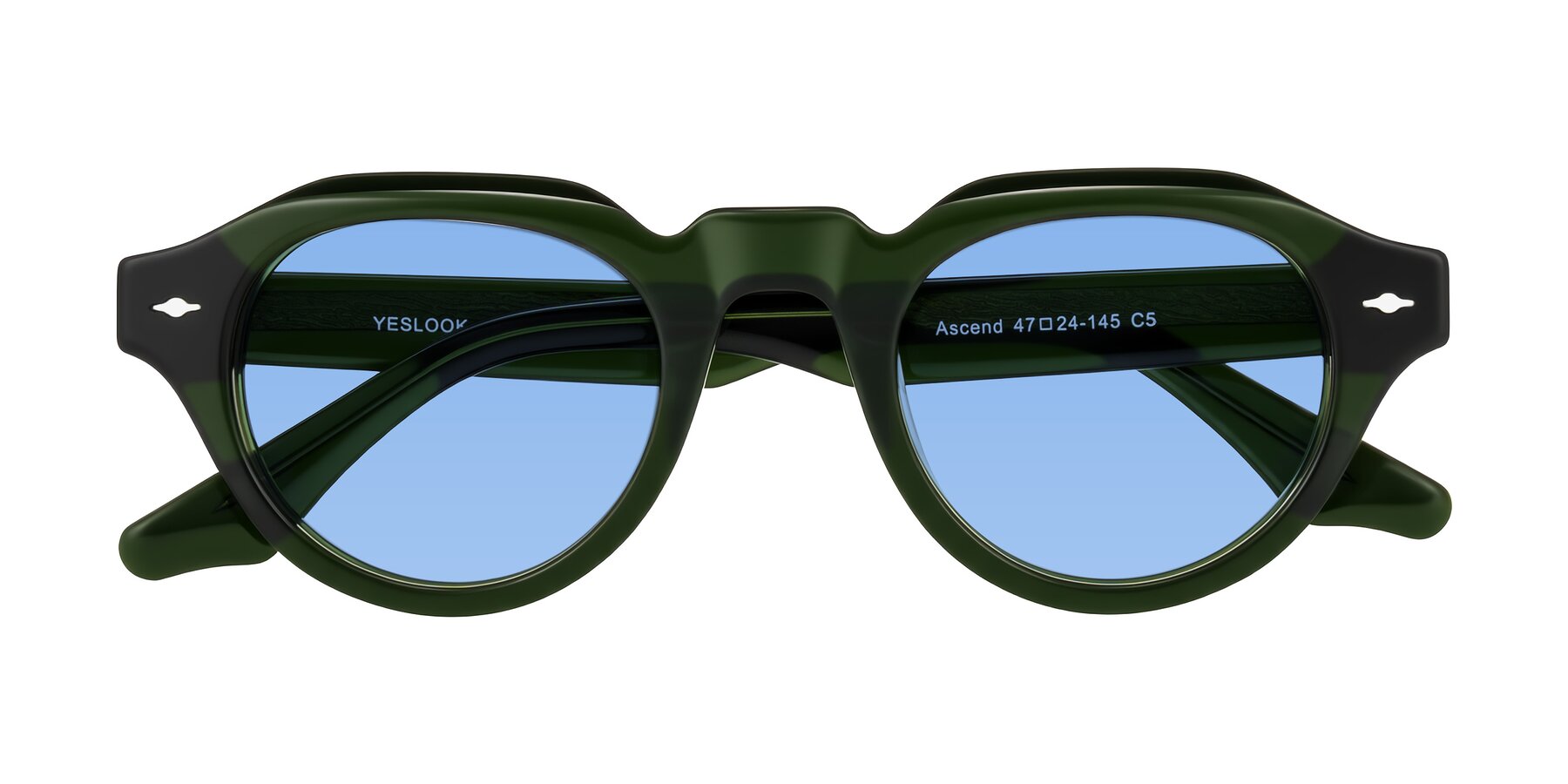 Folded Front of Ascend in Dark Jade Green with Medium Blue Tinted Lenses