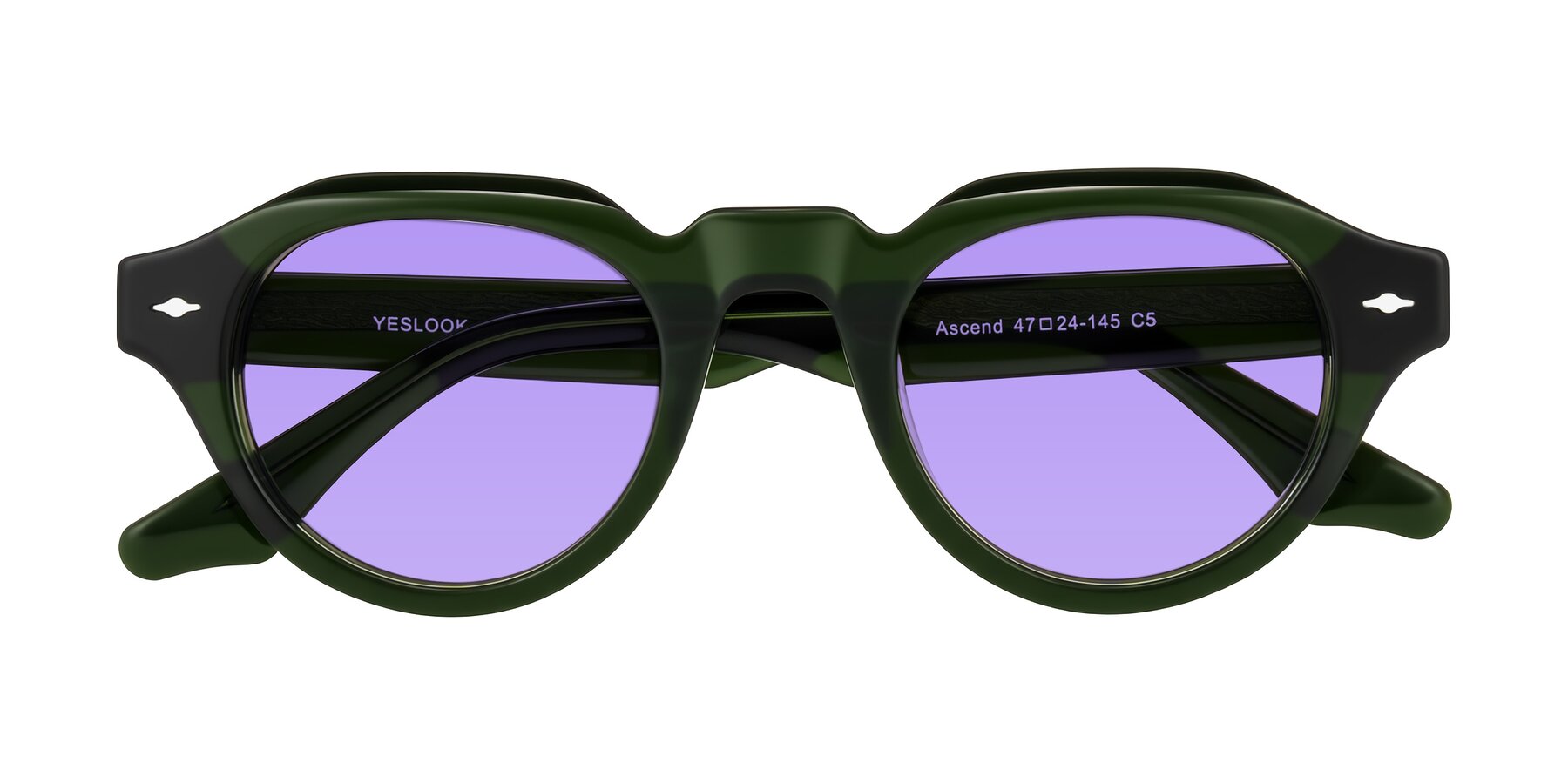 Folded Front of Ascend in Dark Jade Green with Medium Purple Tinted Lenses