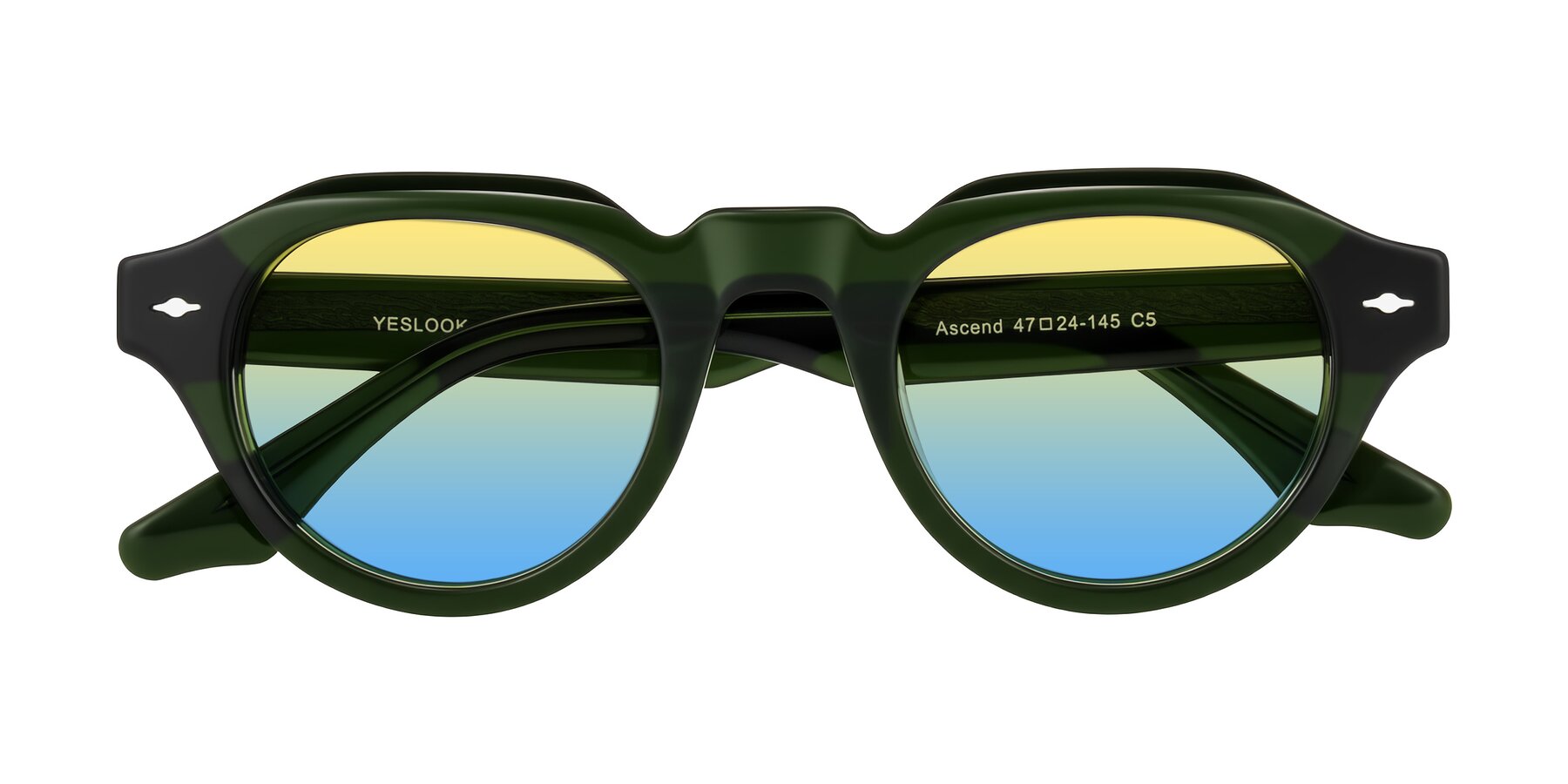 Folded Front of Ascend in Dark Jade Green with Yellow / Blue Gradient Lenses
