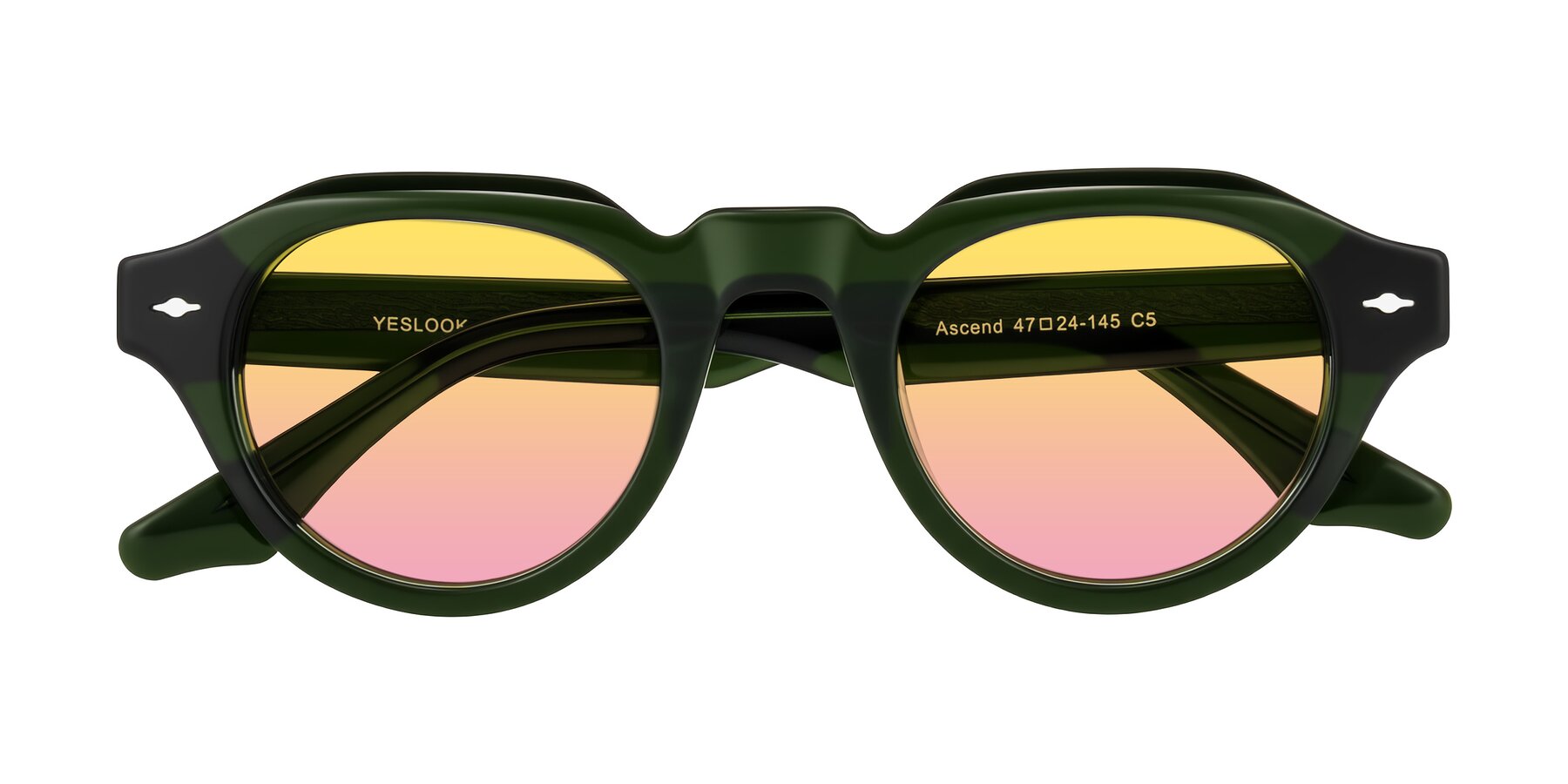 Folded Front of Ascend in Dark Jade Green with Yellow / Pink Gradient Lenses