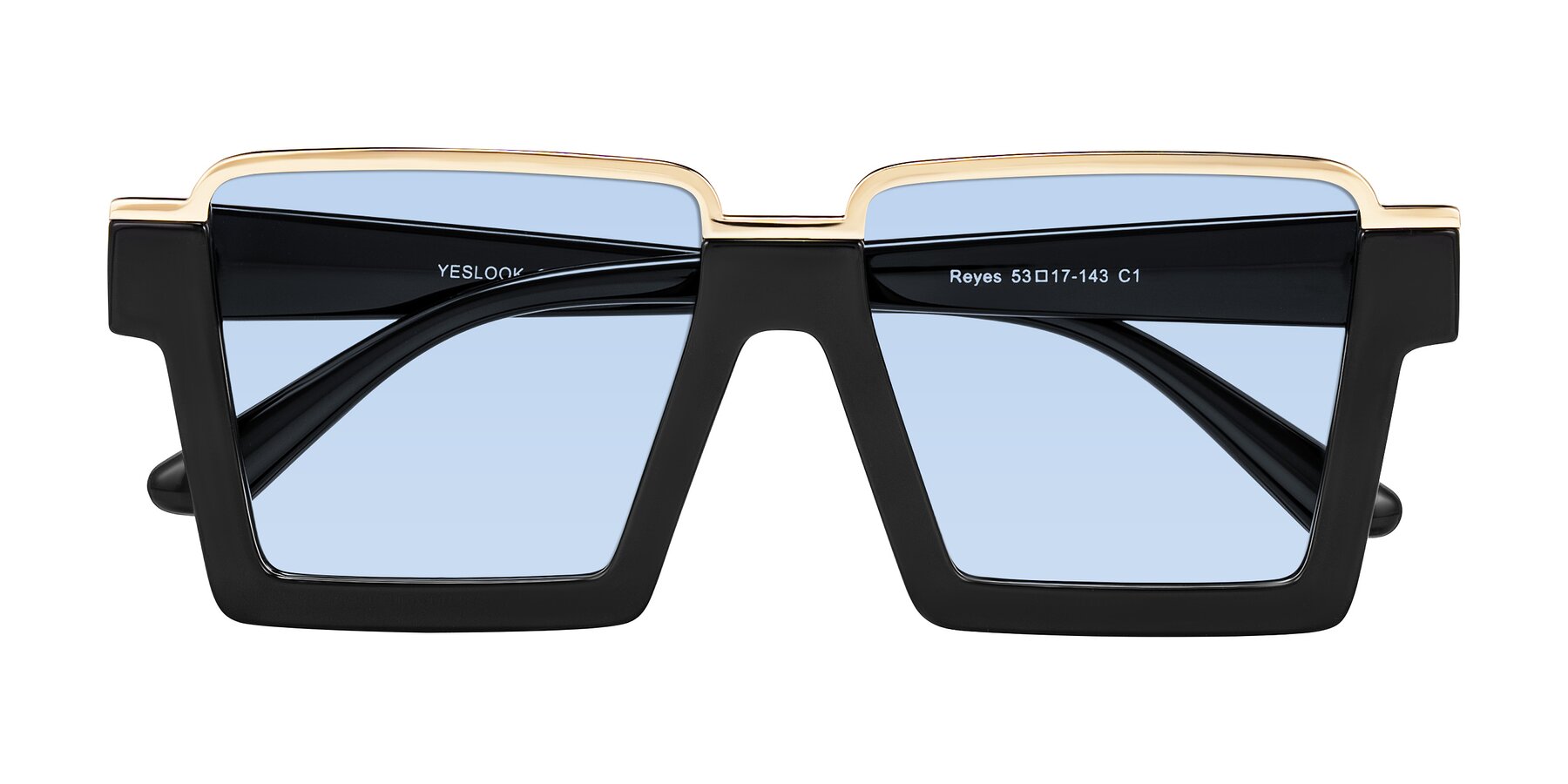 Folded Front of Reyes in Black with Light Blue Tinted Lenses