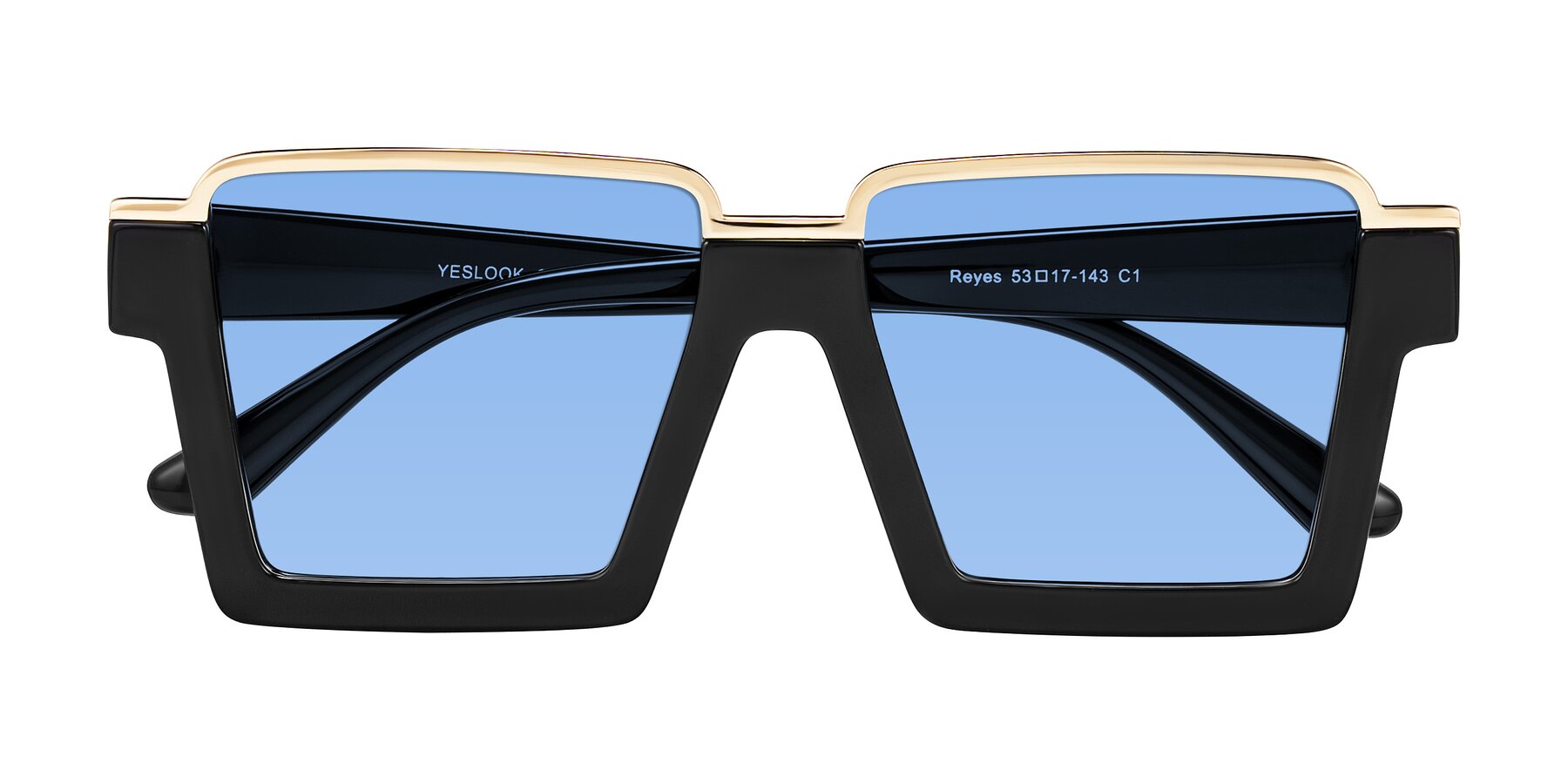 Folded Front of Reyes in Black with Medium Blue Tinted Lenses