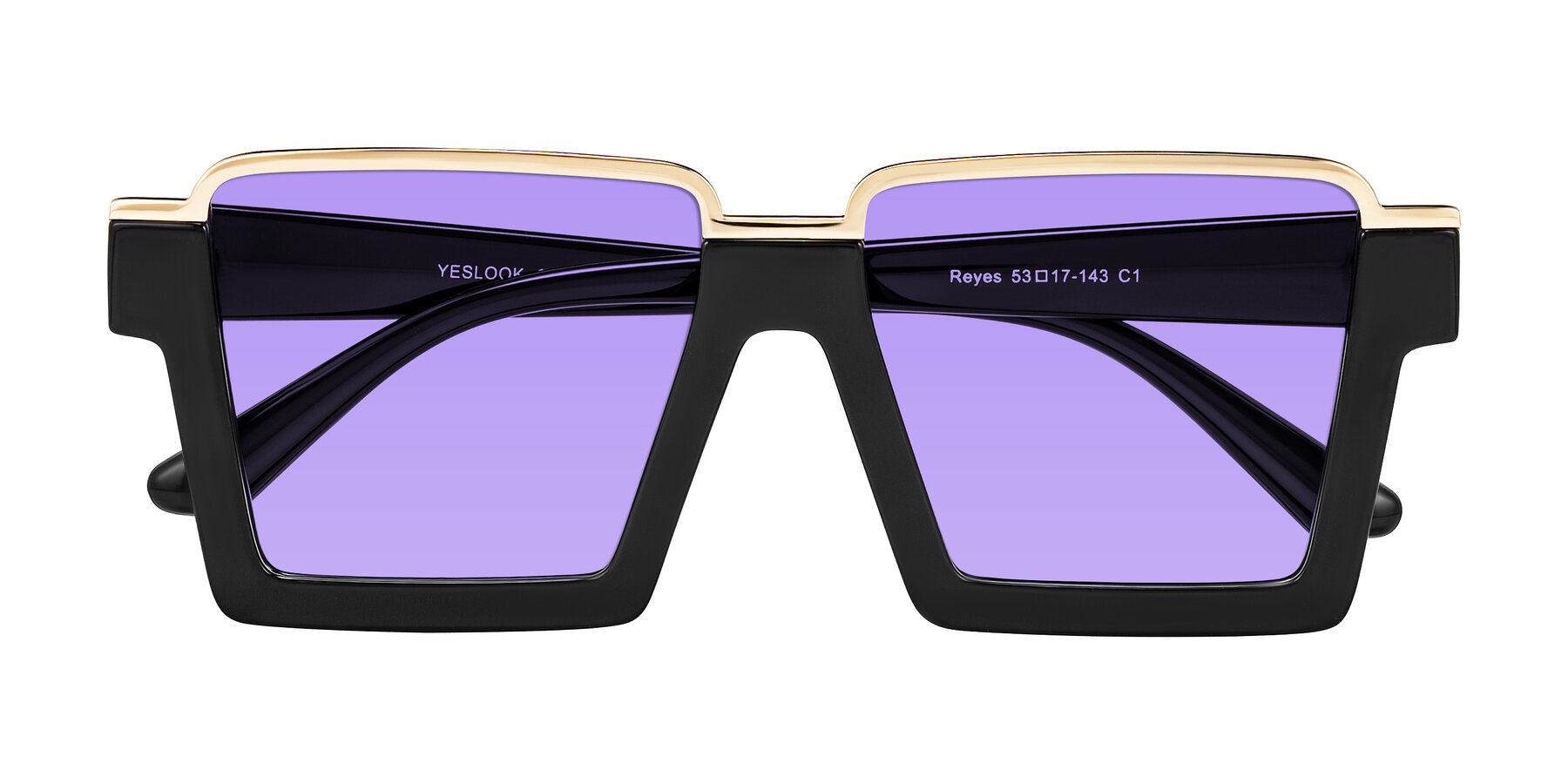 Folded Front of Reyes in Black with Medium Purple Tinted Lenses